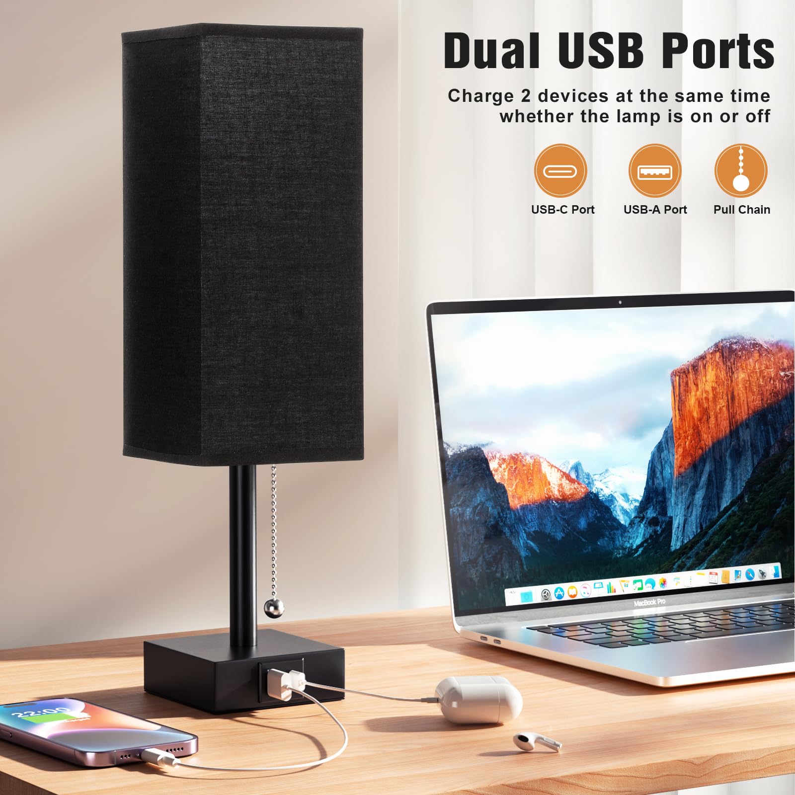 Bedside Table Lamps Set Of 2 - Black Bedroom Lamps With 3 Color Temperatures (3000K/5000K/4000K), Two Square Nightstand Lamps Wi