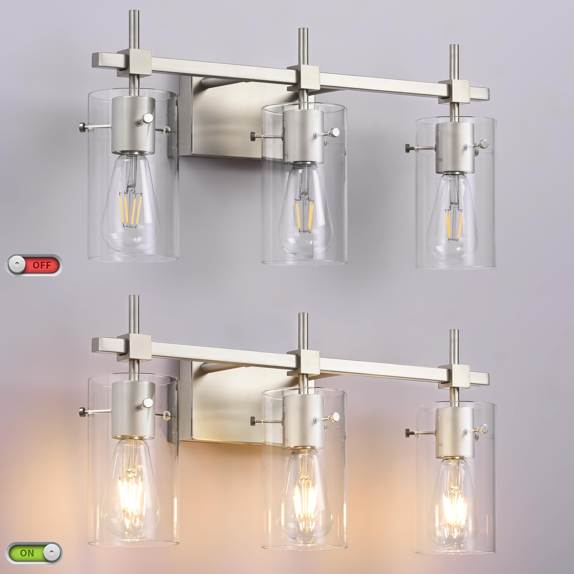 SOLFART 3 Lights Vanity Light Fixture, Brushed Nickel, Glass Shade, Model 7200-3T-NK, Vintage Bathroom Lighting Over Mirror