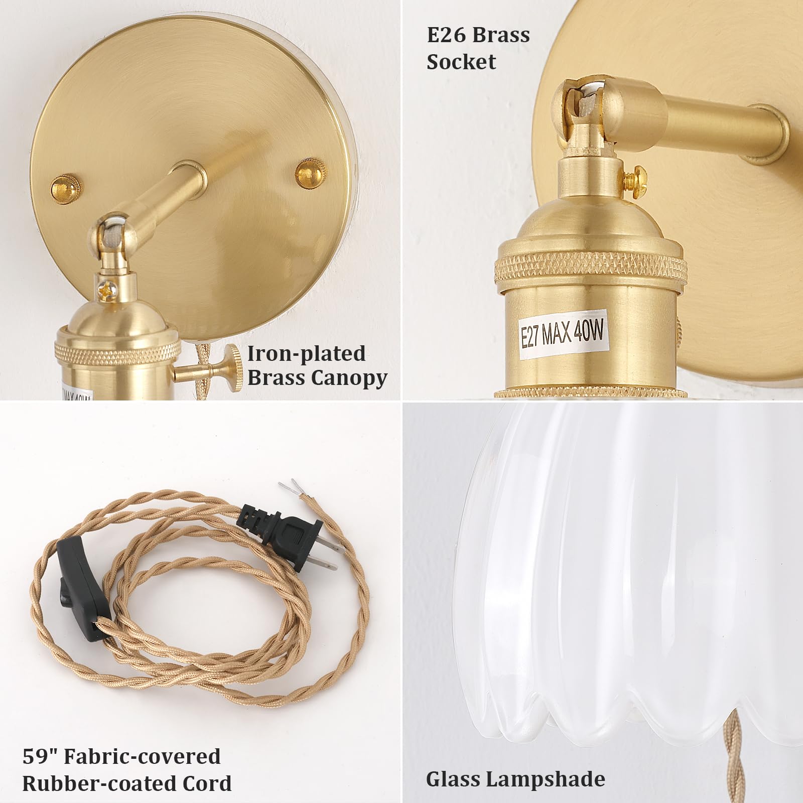 Shenmoyl Wall Sconce, Tulip White Glass Lampshade, Plugin, Model 1-9336, Corded Lighting for Bedroom and Doorway
