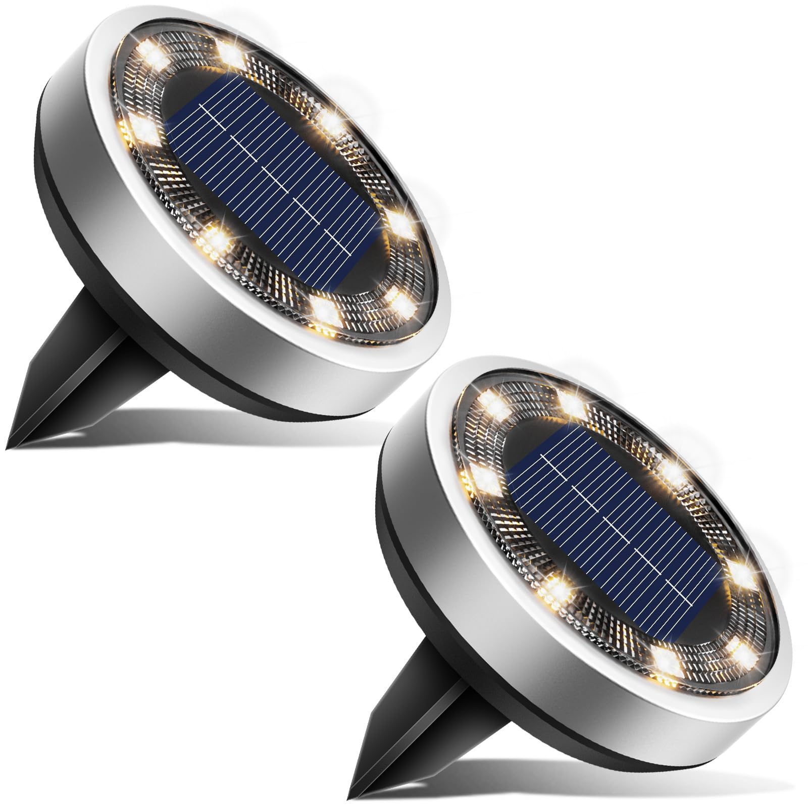 Btfarm Solar Ground Lights 2 Pack, 8 Led Ip65 Waterproof Flat Disc Light, Warm White For Garden Lawn Patio