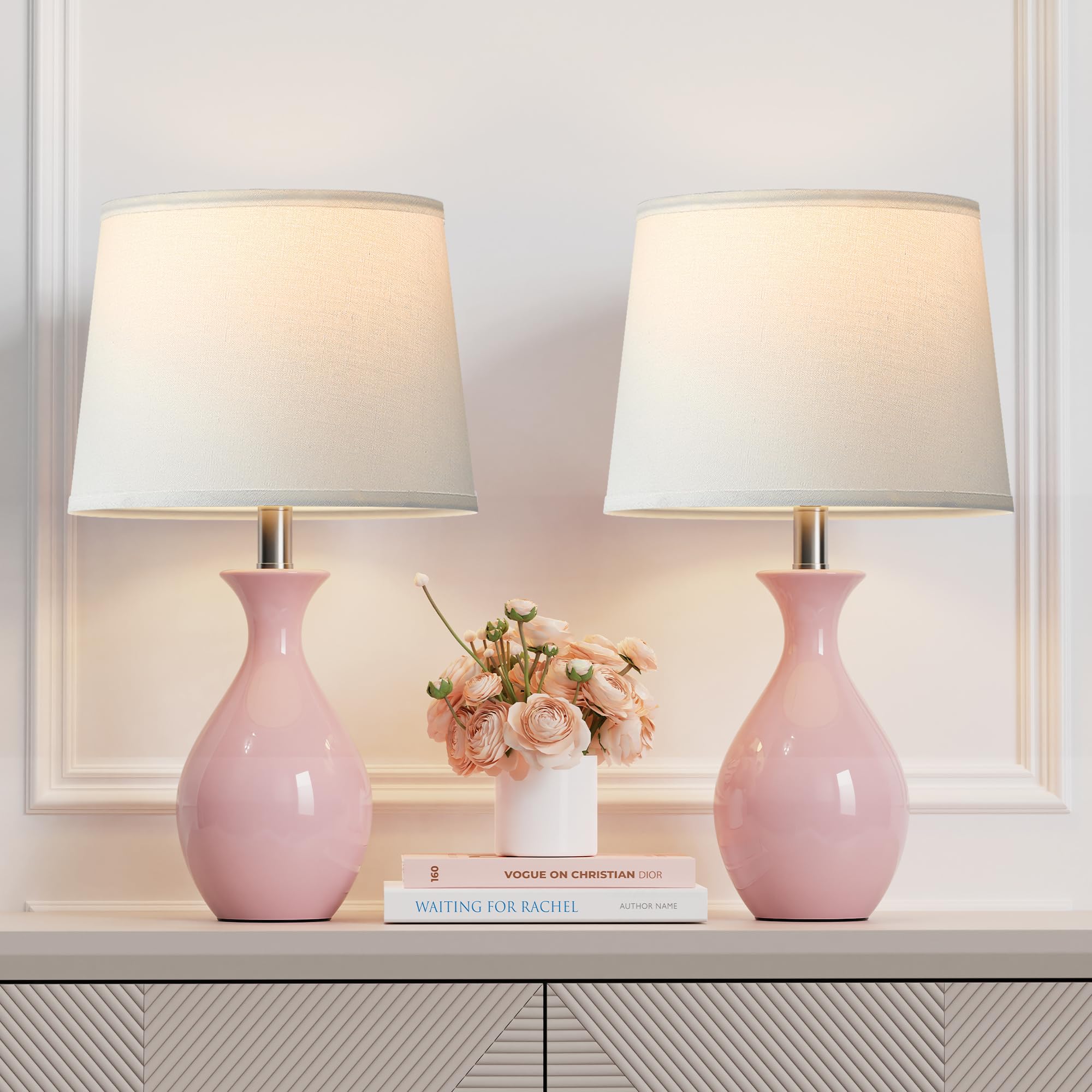 PARTPHONER Table Lamp Set of 2  Modern Ceramic Bedside Lamps for Night Stands  Classic Small Lamp Nightstand Lamp for Bedroom Living Room Desk End Table Rocker Swtich Pink