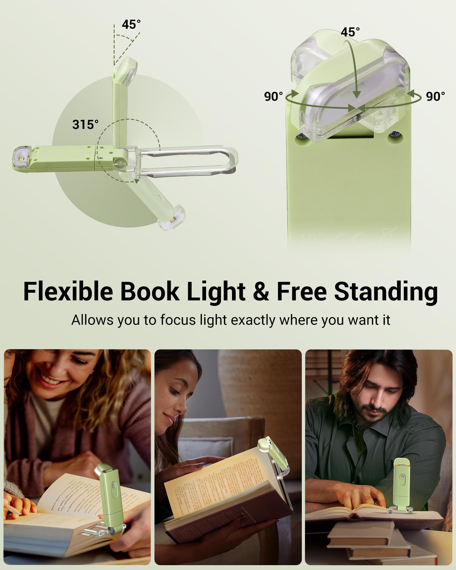 DEWENWILS USB Rechargeable Book Reading Light, LED Clip-On, 4 Brightness Levels, Grass Green, Model IT-008