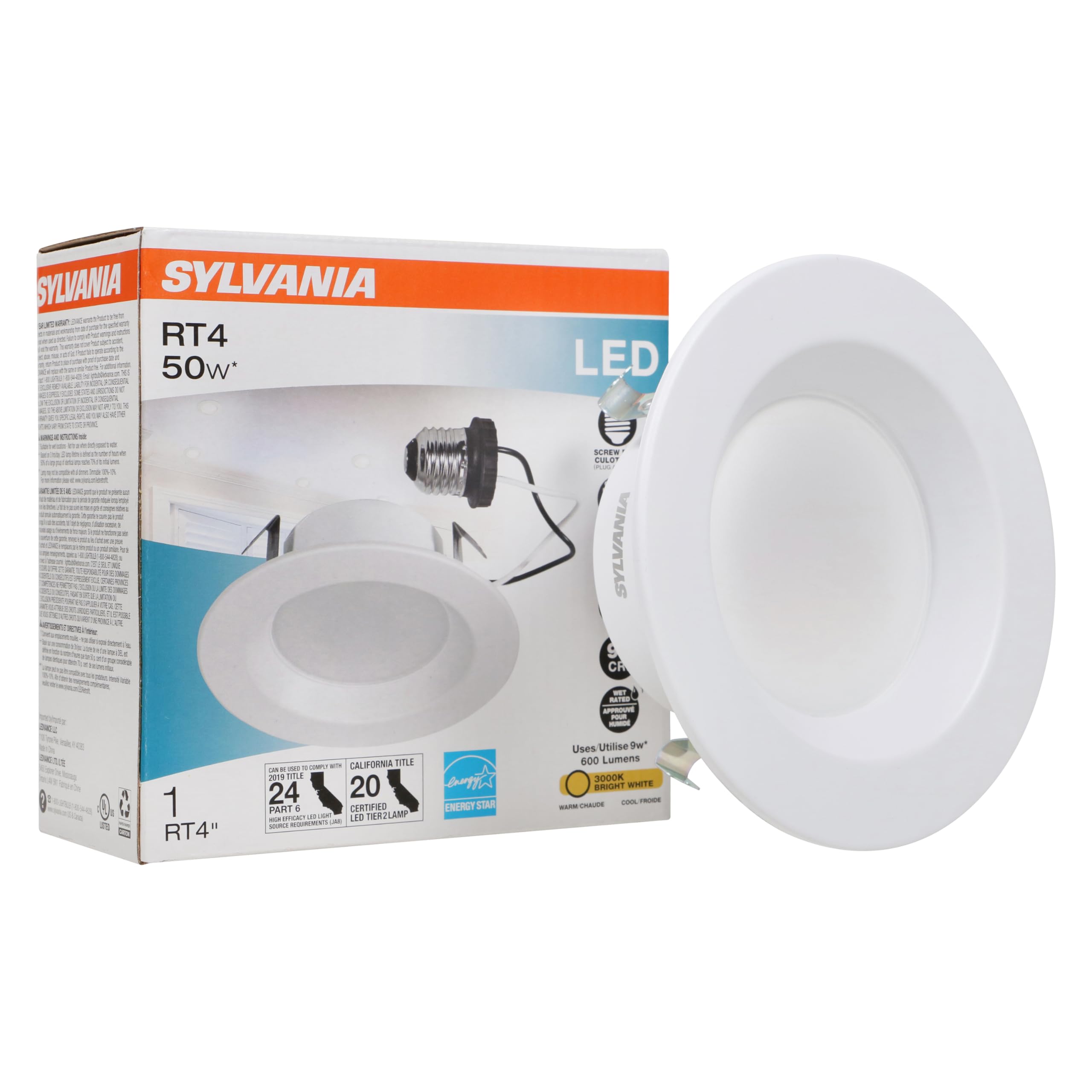 LEDVANCE Sylvania 4in LED Recessed Downlight Kit, 9W, E26 Medium Base, White, 1 Count, Model 74286