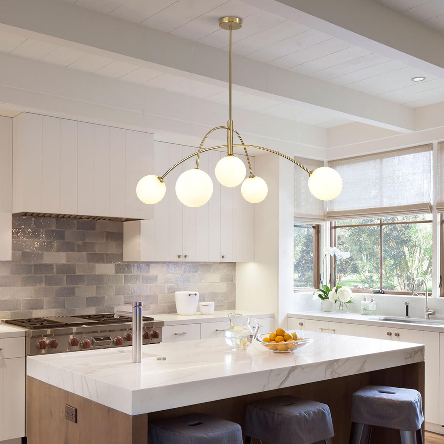 Fulesi Contemporary Gold Ceiling Light 5-Light Glass Globe Lights Mid Century Modern Sputnik Chandelier For Dining Room Kitchen