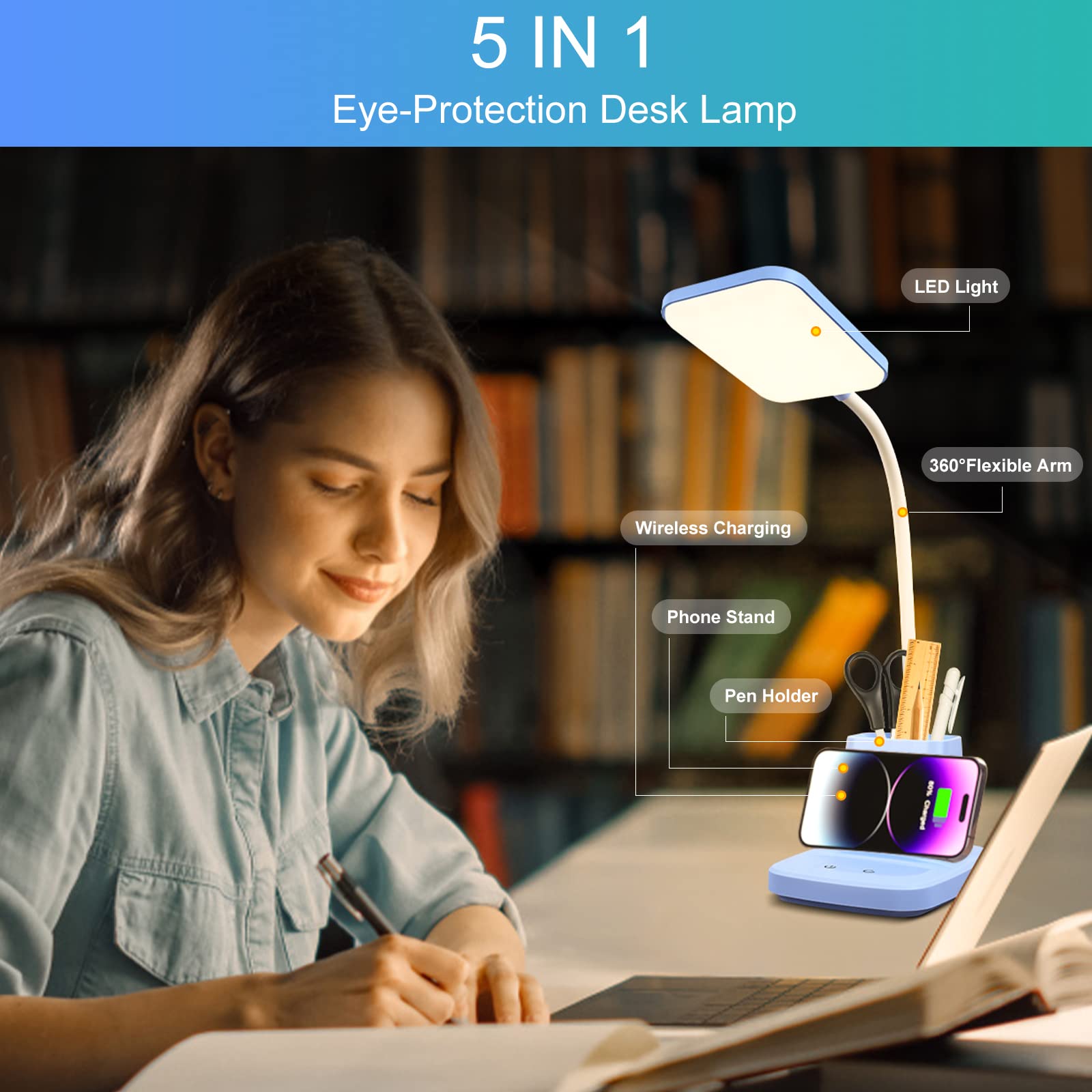 Sailstar Small Desk Lamp, Kids Desk Lamp With Pen Holder, Wireless Charger Led Desk Lamps For Home Office, 800Lm Gooseneck 3 Mod