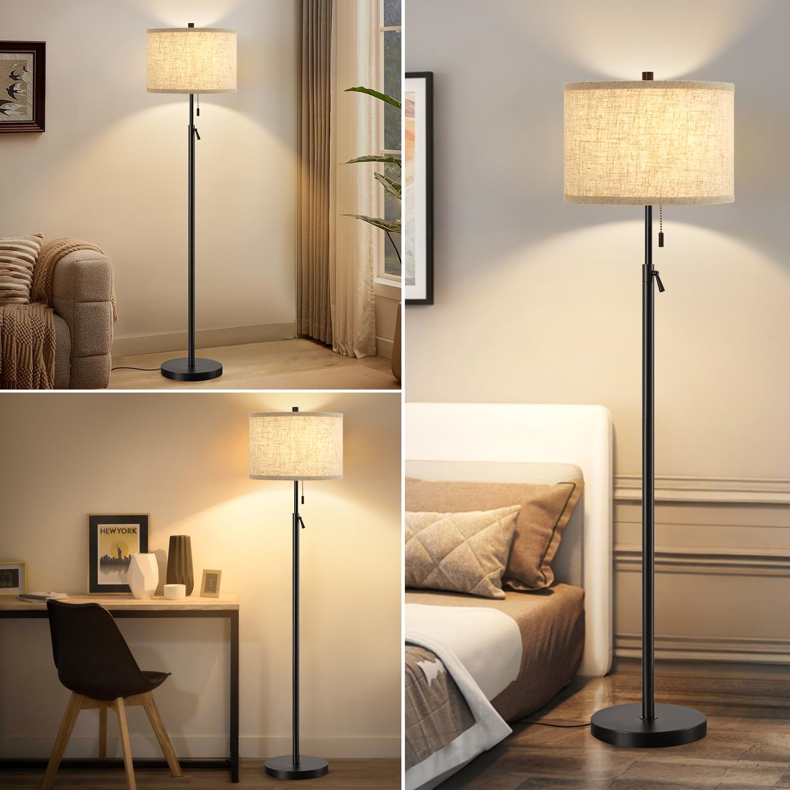 Gyrovu Black Floor Lamp, Height Adjustable Standing Lamp Tall Lamp With Fabric Lampshade&Pull Chain Corner Floor Lamps For Livin