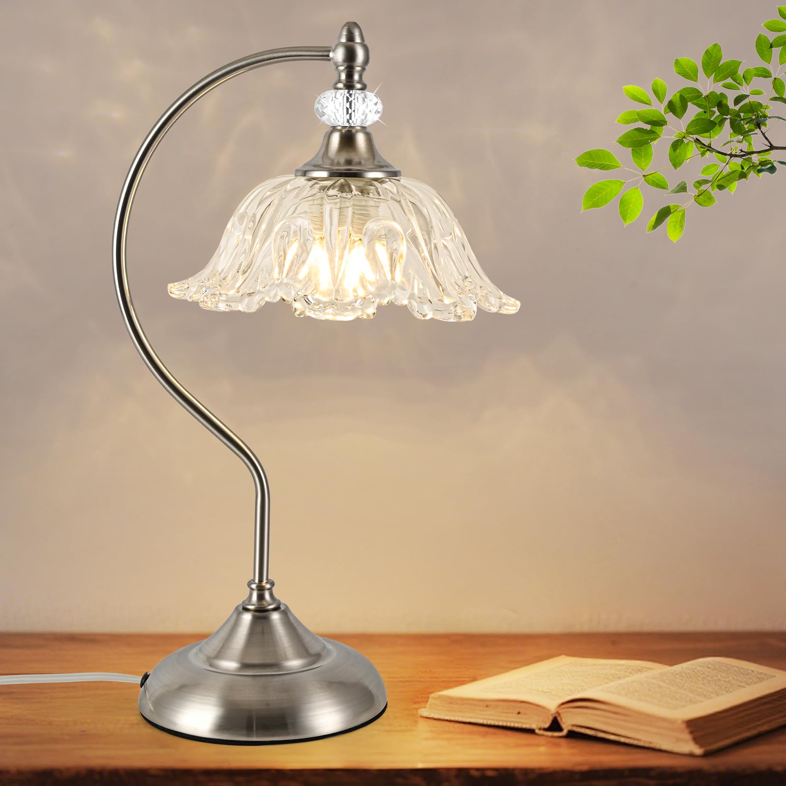 sunkryster Brushed Nickel Table Lamp with a Floral Clear Glass Shade  A Plug-in Nightstand Lamp in Brushed Nickel Finish for Bedroom  Living Room Office  and Desk