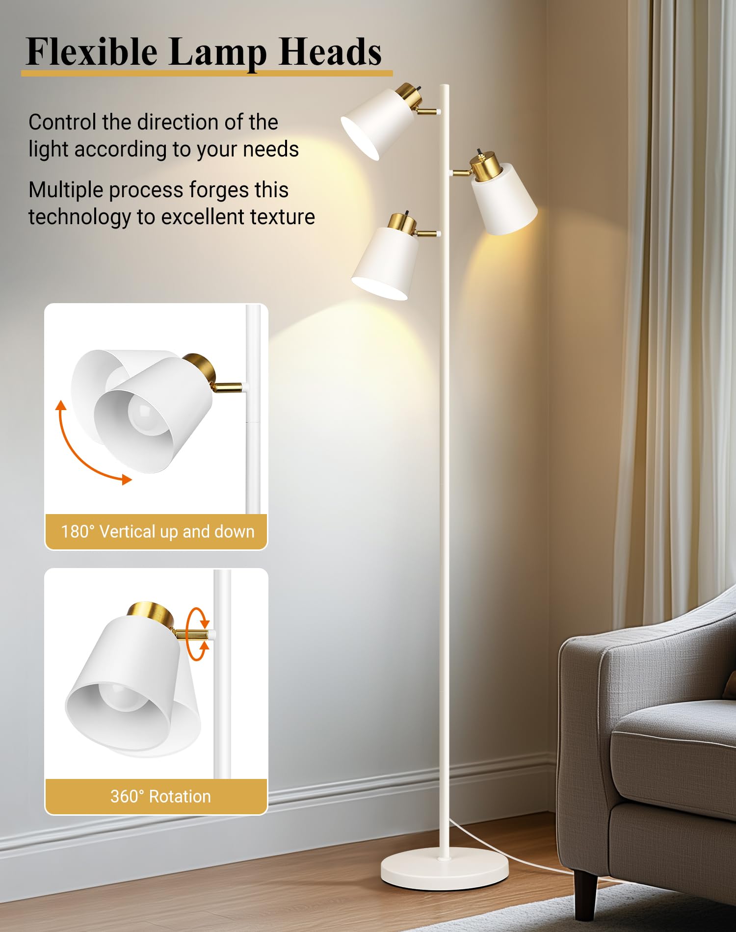 QiMH Modern Floor Lamp, 67" Industrial Metal Design, 3 Rotatable LED Heads, White & Gold, Model STR-FL-0174 for Living Room & Office