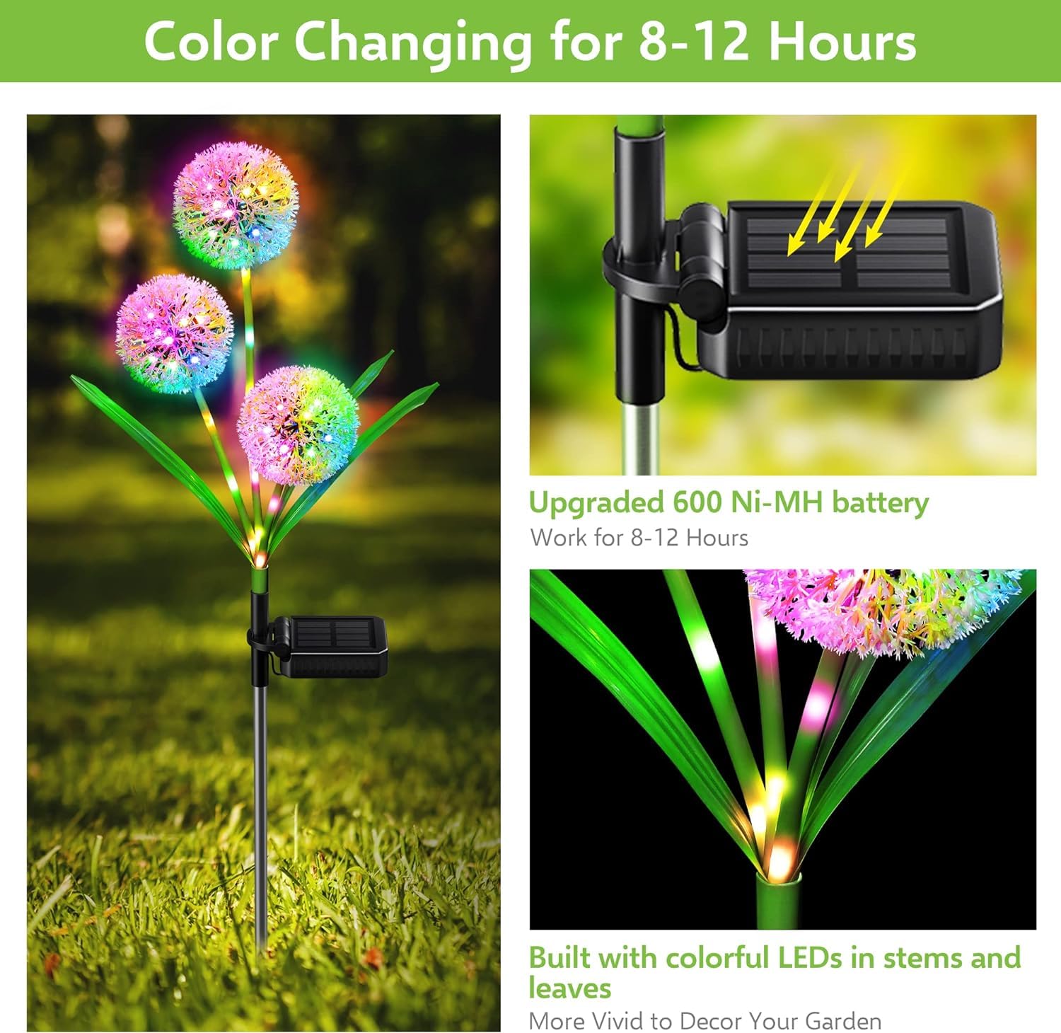 Bonlion 4 Pack Solar Garden Lights - 12 Glowing Dandelion Led, Waterproof Ip65, Colorful Decor