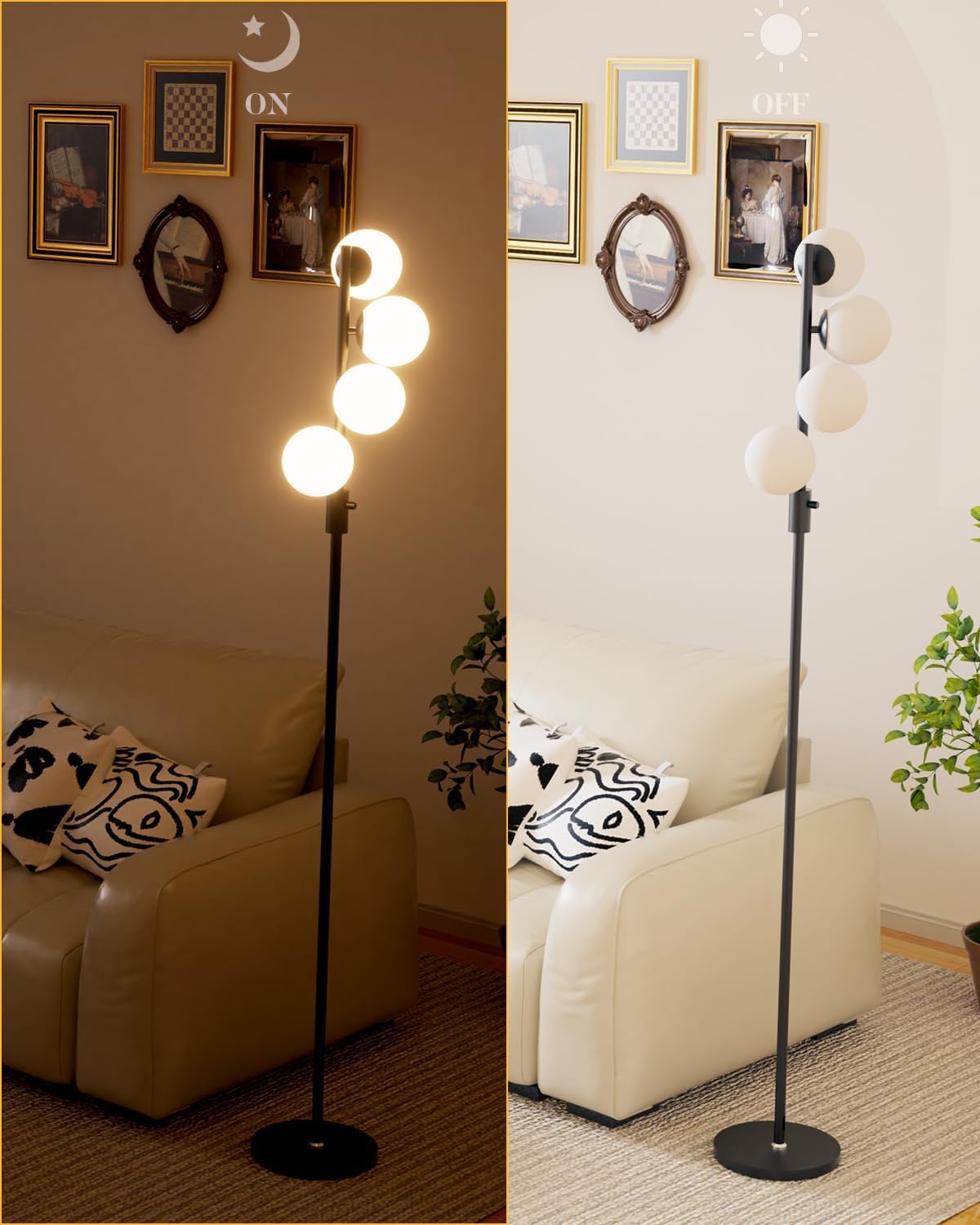 Acohook 64In Dimmable Black Floor Lamp, Tall Standing Lamps With 4 Globe Soft Warm White Eye Care 3000K G9 Bulbs, Mid Century Mo