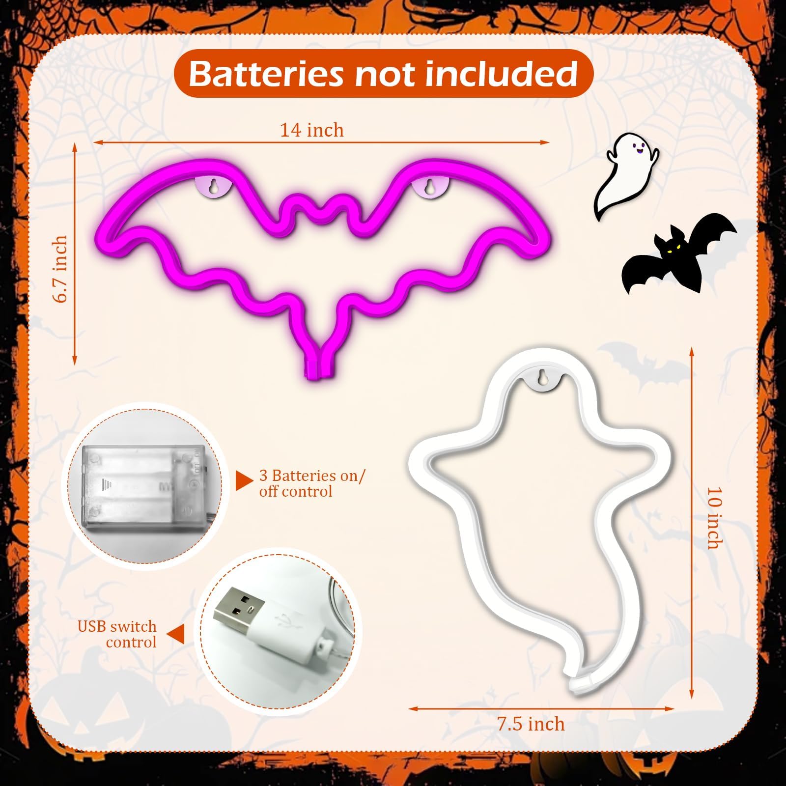 Innovtools 2 Pack Halloween Neon Sign  White Ghost And Pink Bat Neon Lights For Wall Decor  Usb Or Battery Powered Led Halloween Decorations Light Up Sign For Bedroom Window Party Kids Gift
