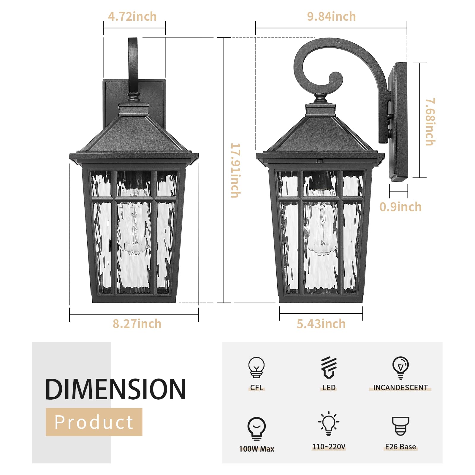Darkaway 2pcs Large Outdoor Wall Lights, Black Aluminum, Water Ripple Glass, 18inch Exterior Sconces for Porch, Garage, Hallway