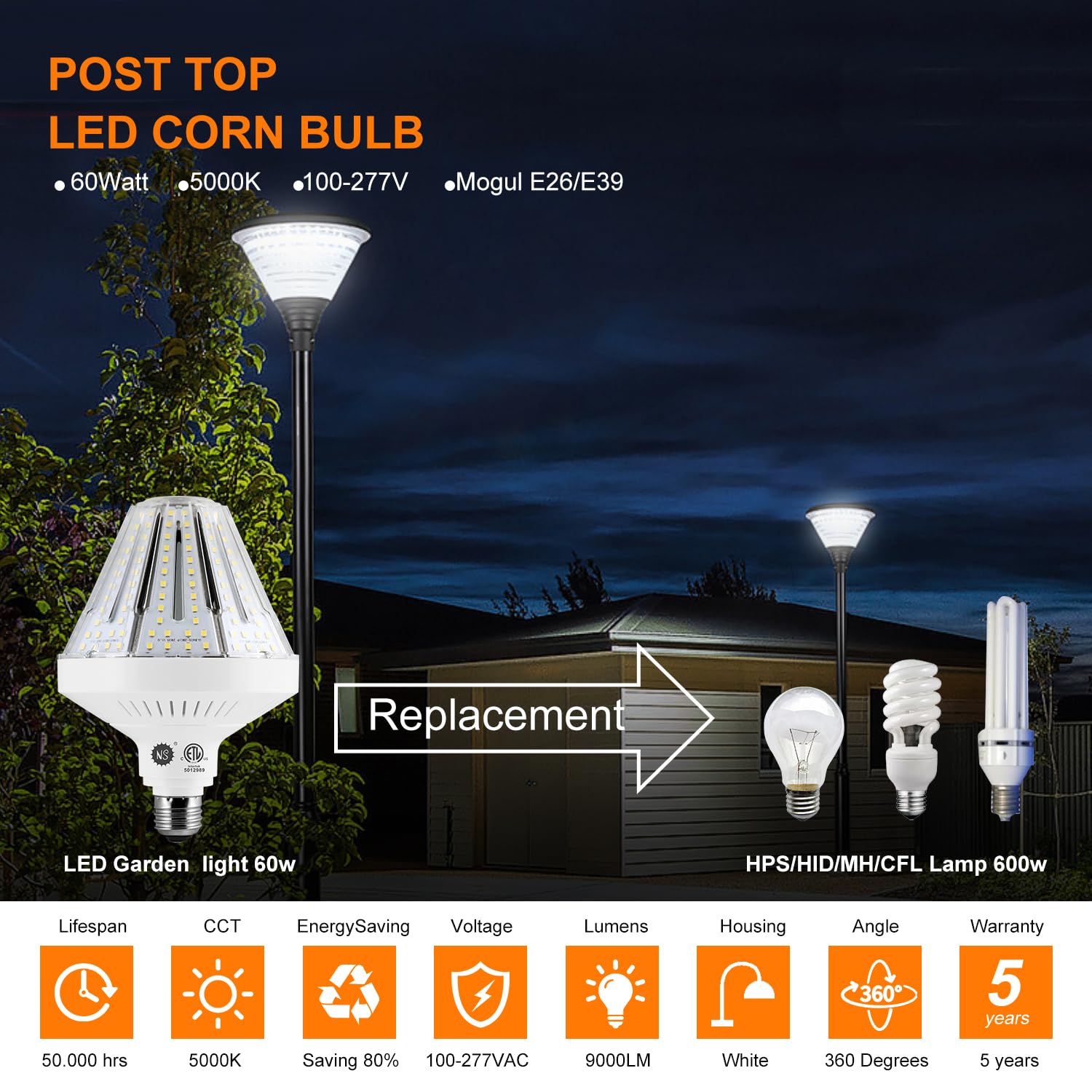 NS 600W Equivalent LED Corn Bulbs, 60W 9000 Lumens, 5000K Daylight White, E26/E39, 2-Pack, Ideal for Garage & Warehouse