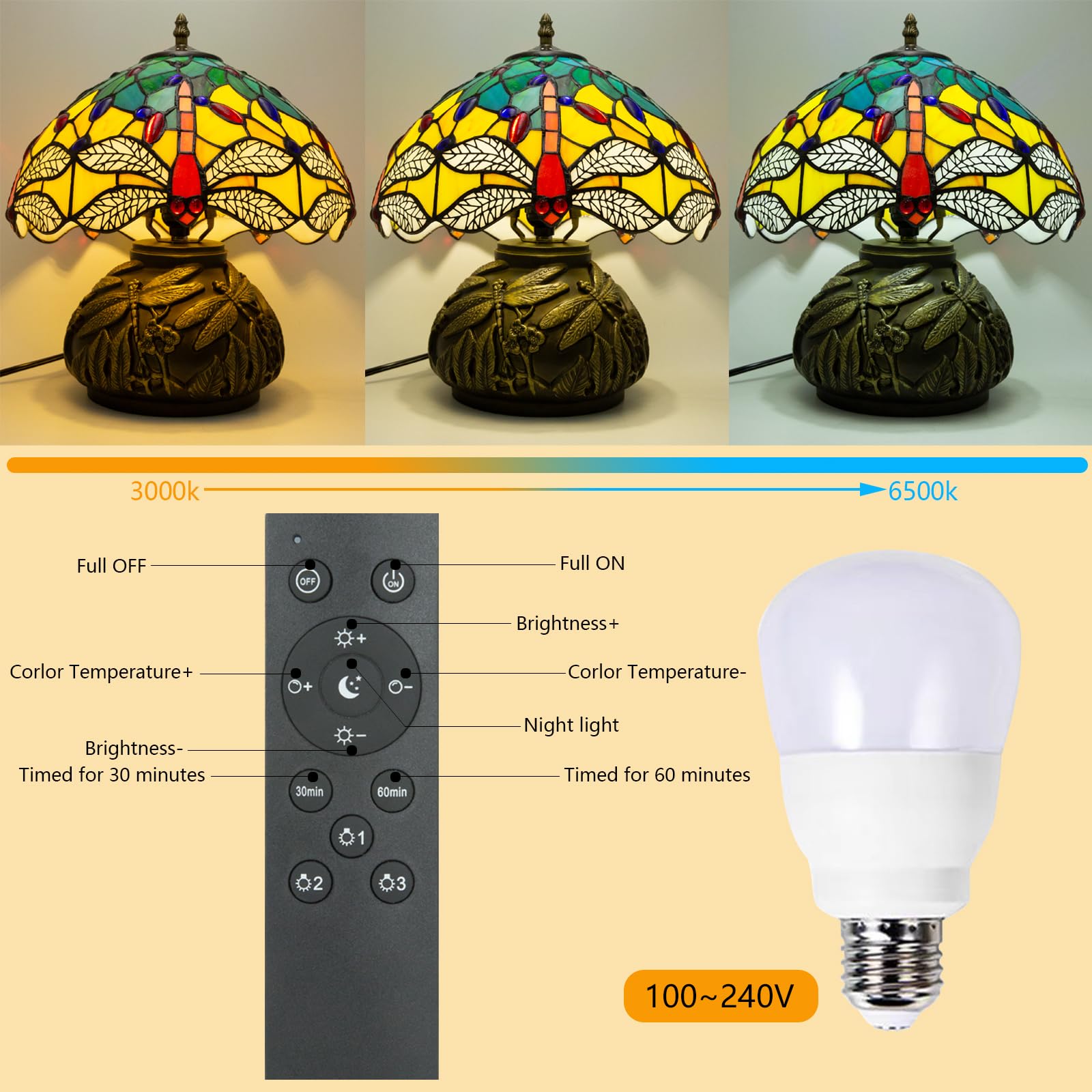 Ppbmocw Tiffany Lamp,12 Inch Stained Glass Lamp,Dragonfly Tiffany Style Table Lamp Included E26 Led With Remote Control For Beds
