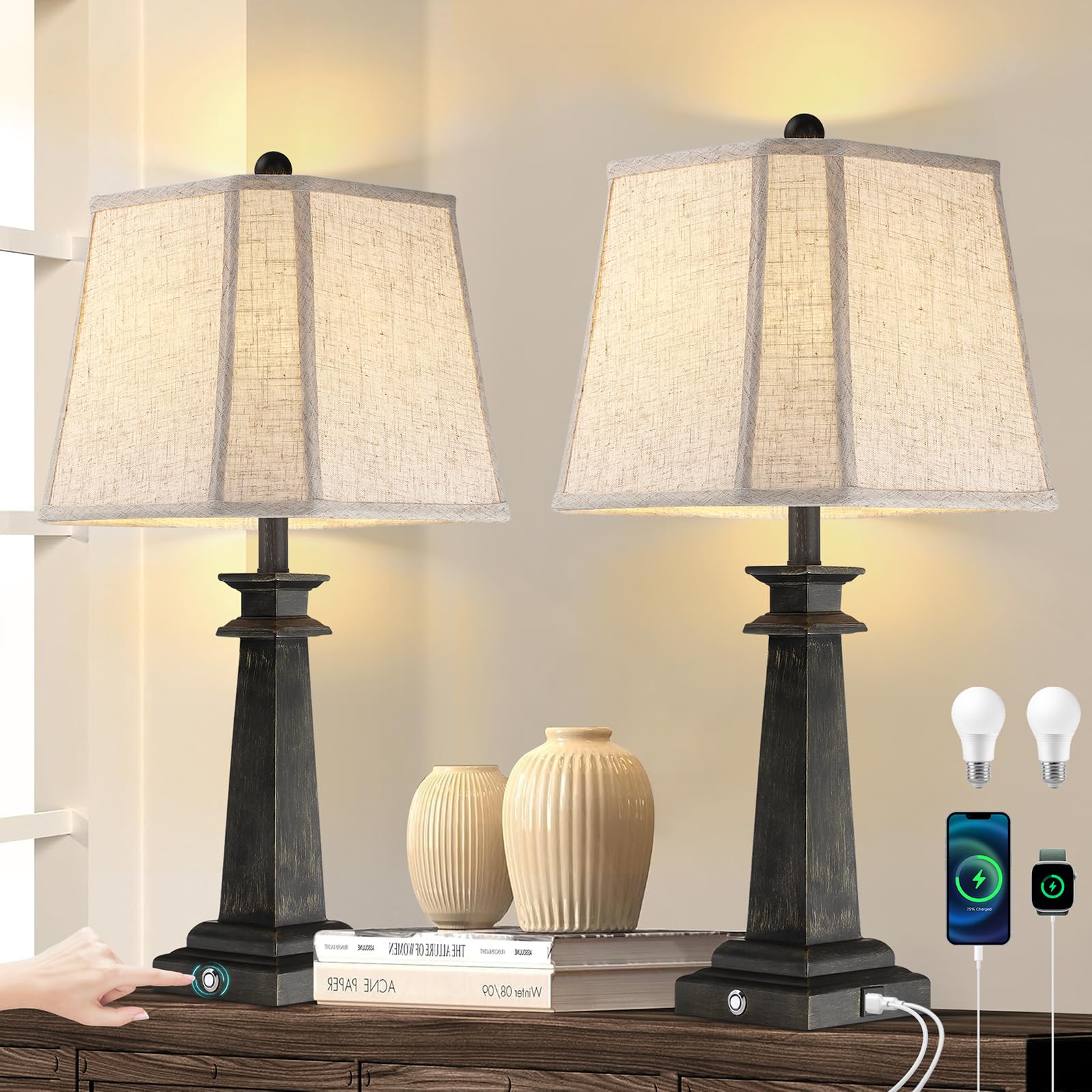 Hapcrea 27.5 Table Lamps Set Of 2, 3-Way Dimmable Touch Lamps For Nightstand, Farmhouse Table Lamp For Living Room And Bedroom W