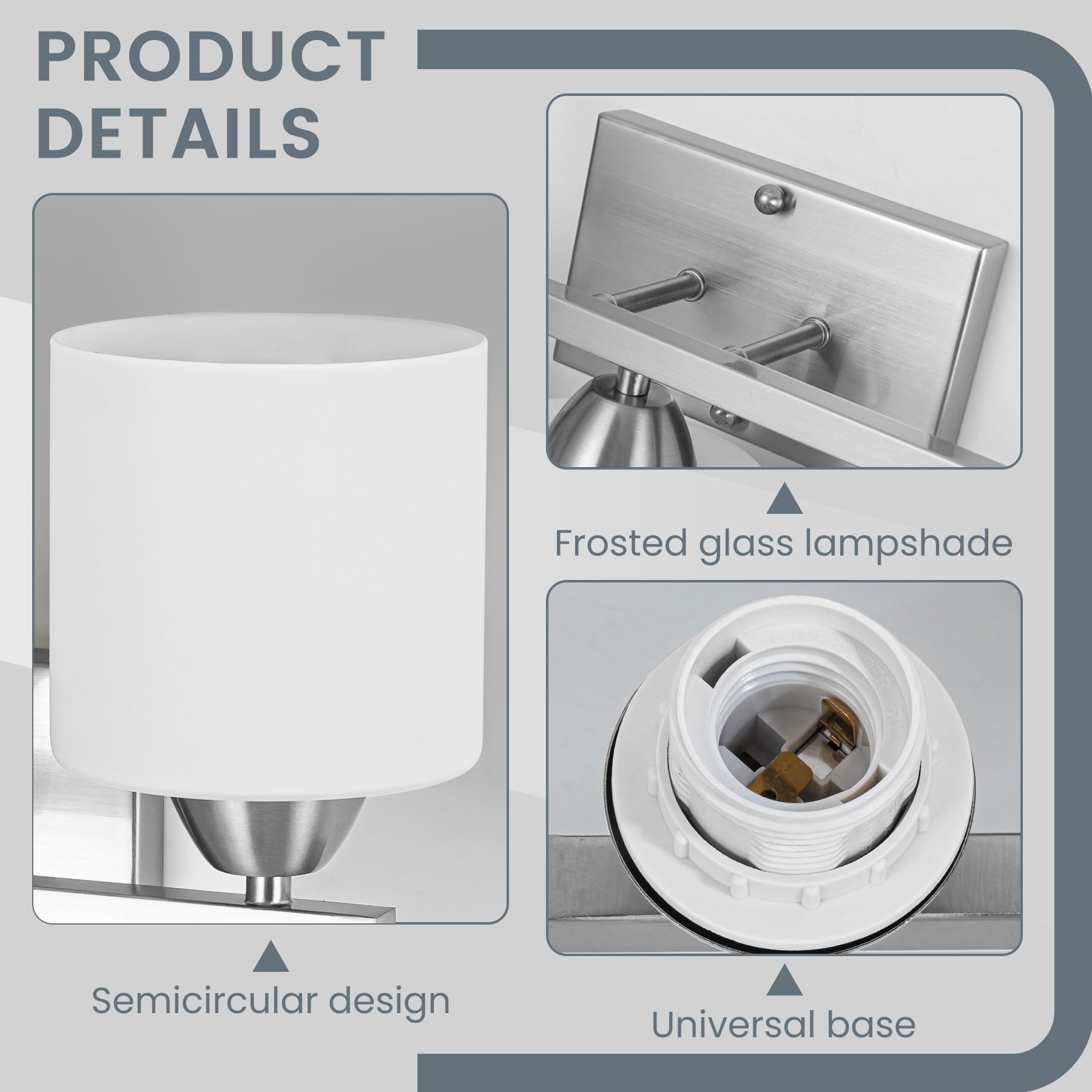 CANMEIJIA 3-Light Bathroom Vanity Light Fixture, Brushed Nickel, Aluminum, Milky White Glass Shades, Model CMJ-JQD-001