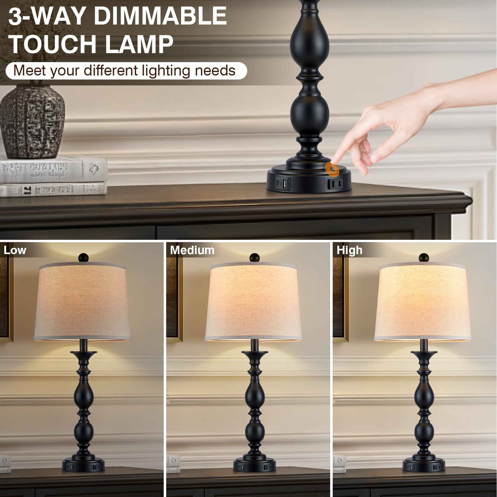 MOUVOVO 28in Tall Modern Table Lamps Set of 2, Metal with USB Ports, 3-Way Touch, Black Farmhouse Nightstand Lighting