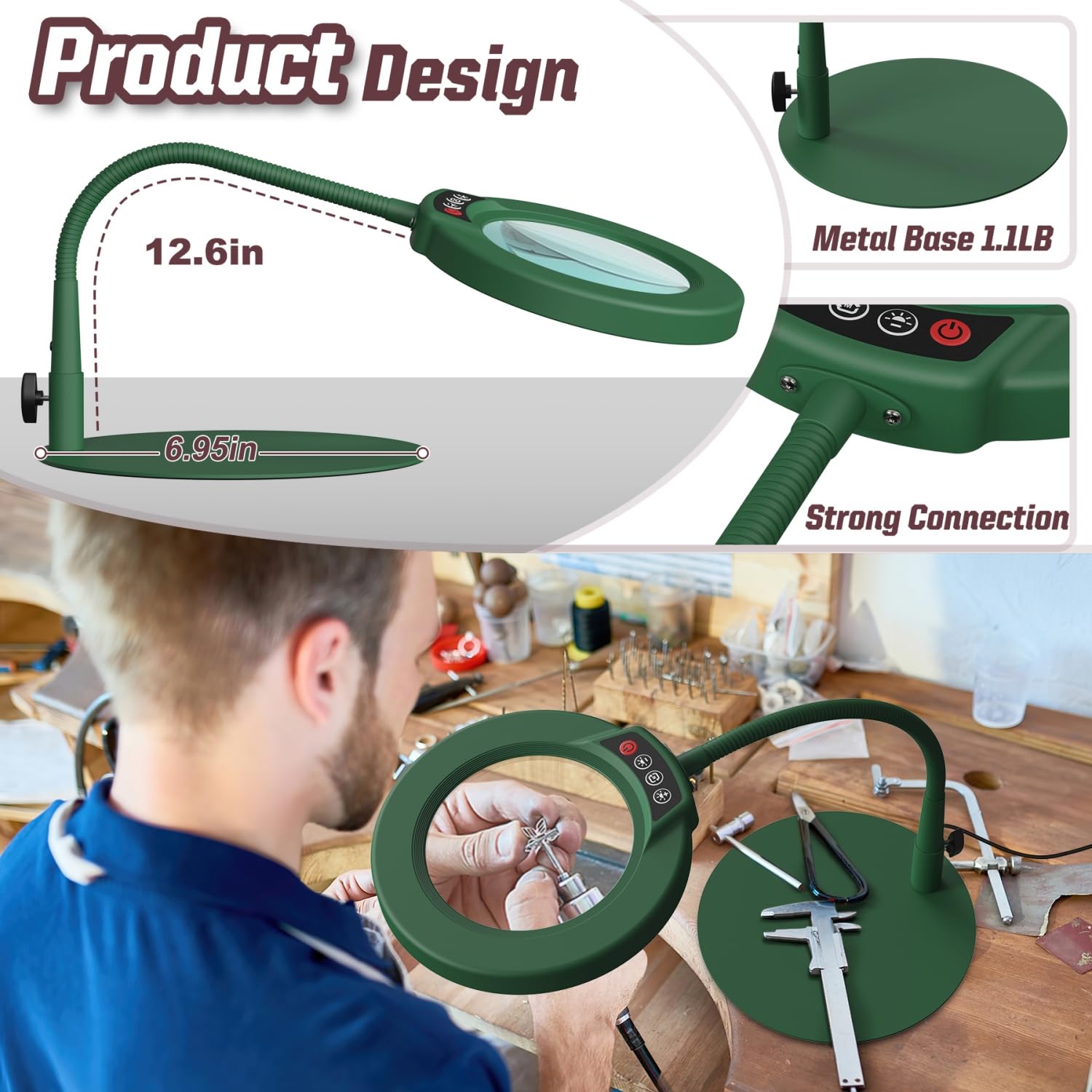 Krstlv 10X Magnifying Glass with Light, Stepless Dimmable LED, Flexible Gooseneck, Green, Model EG906
