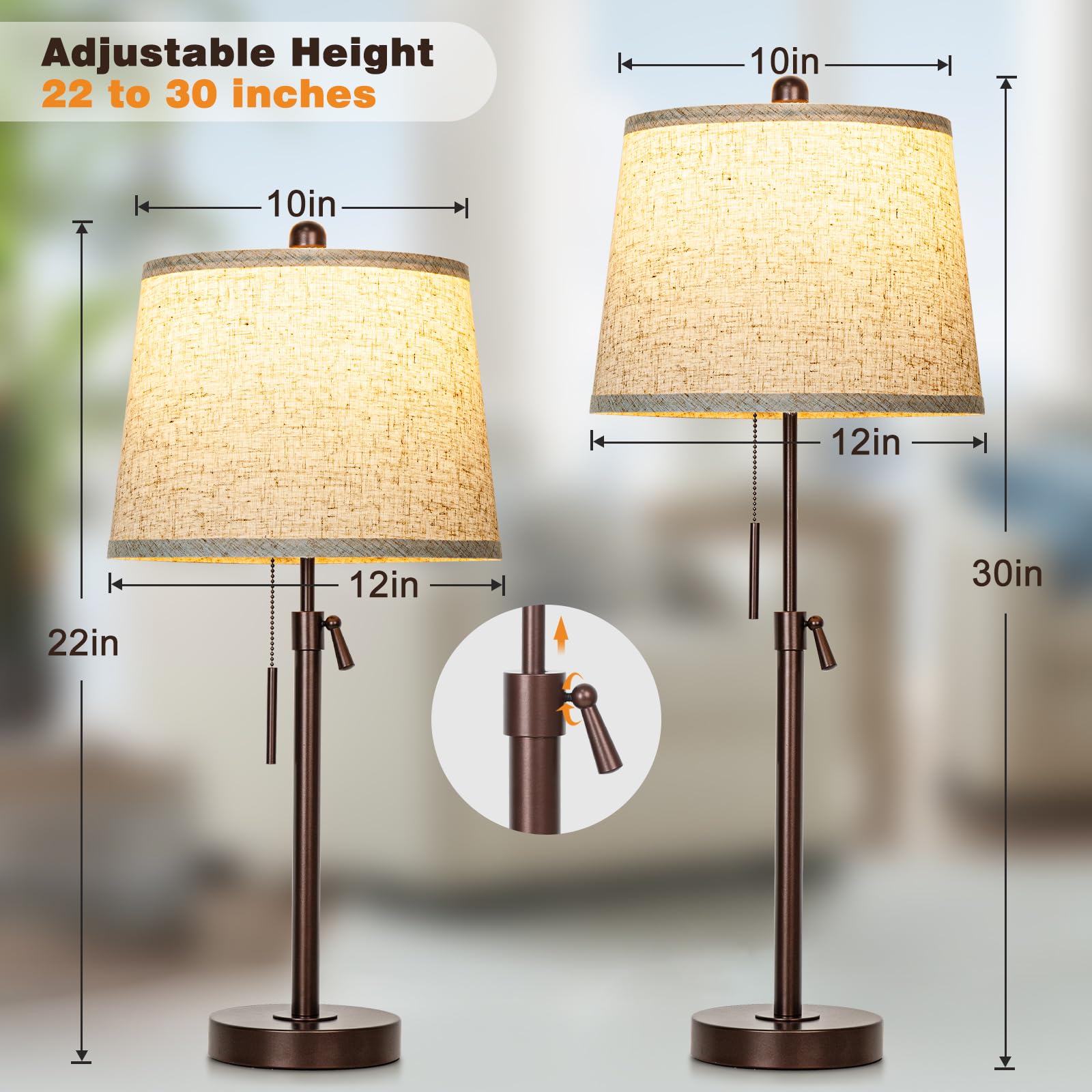 Table Lamps Set Of 2, 22" To 30"Adjustable Height Bedside Lamps For Living Room 3 Color Temperatures Tall Nightstand Lamps Modern Brown Table Lamp For Bedroom Office End Table (Bulbs Included)