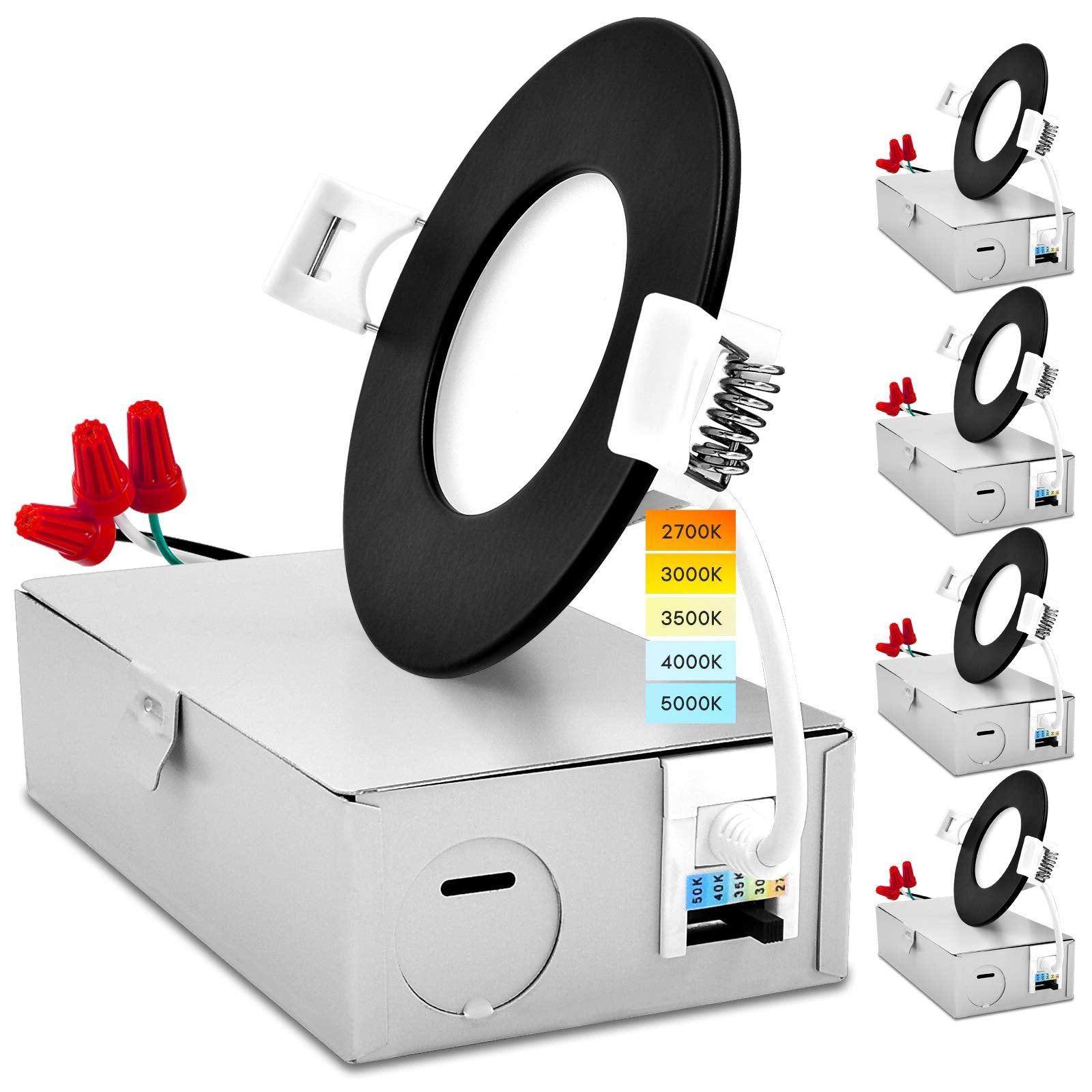 LUXRITE 3 Inch Ultra Thin LED Recessed Light, 8W Dimmable, 540 Lumens, 5 Color Options, Black Trim, 4 Pack