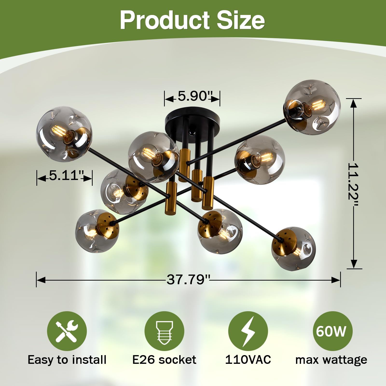 Szxykeji 8 Light Black Sputnik Chandelier, Glass Globe Flush Mount For Living Room & Dining Room