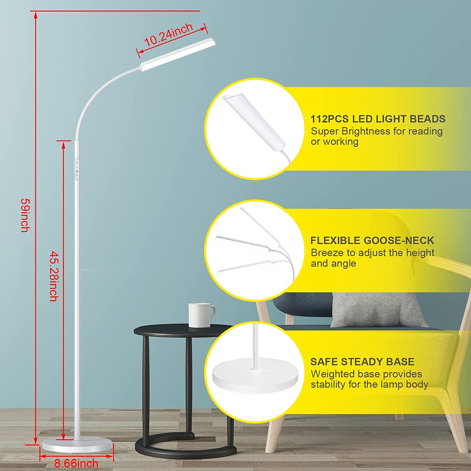 Dimunt Floor Lamp, Bright 15W Floor Lamps For Living Room With 1H Timer, Dimmable Led Floor Lamps 3000K-6000K & Tall Standing La