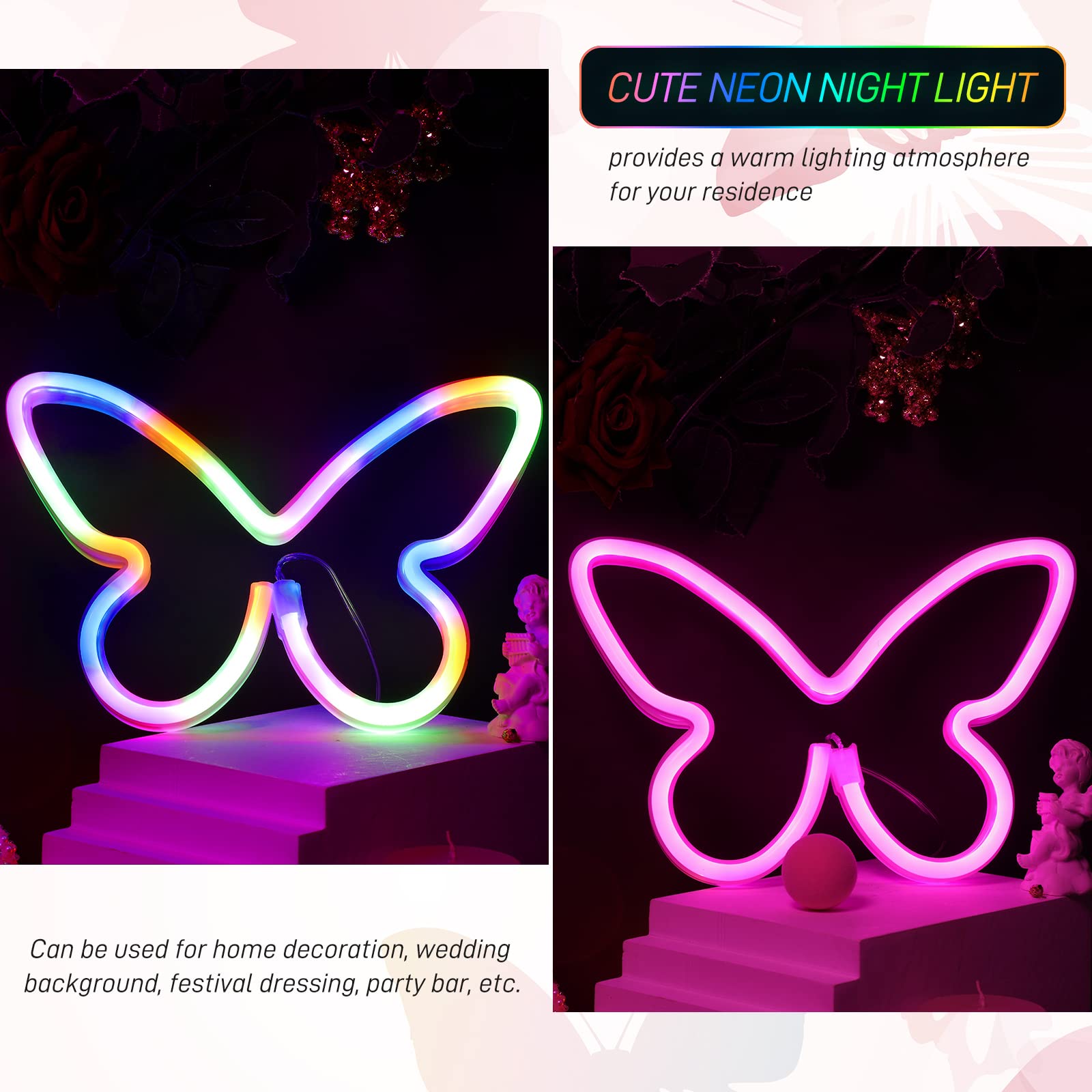 Riakrum Butterfly Neon LED Light Decor - 2 Pcs, USB Powered, Pink & Colorful, Model: Riakrum-Butterfly LED Light-781
