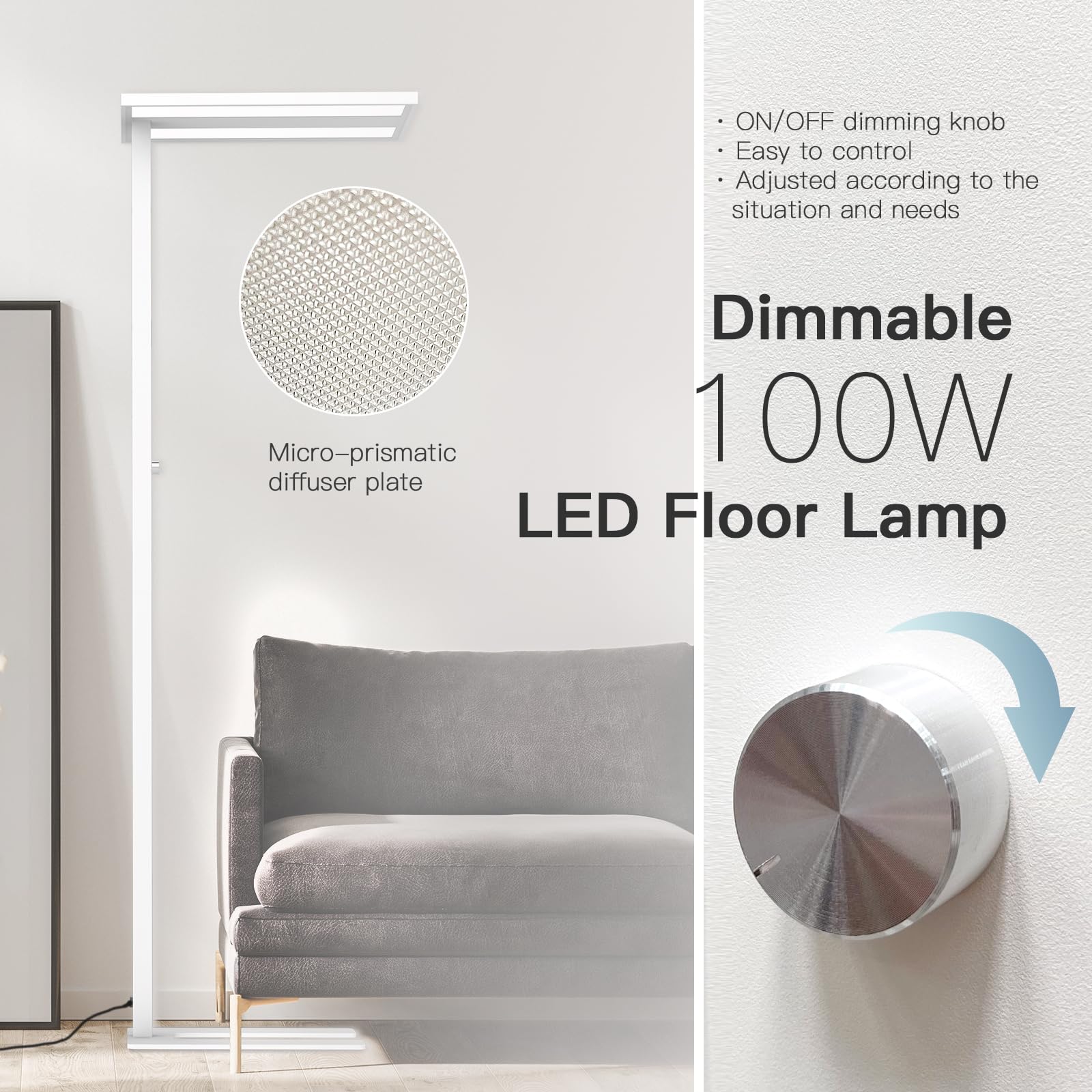 Sterren 76&quot; Led Floor Lamp, 100W White Modern Free-Standing Lamp,10500Lm Dimmable Eye-Care Tall Reading Lamp For Reading Study Room,Office,Meeting Room,4000K Natural Daylight