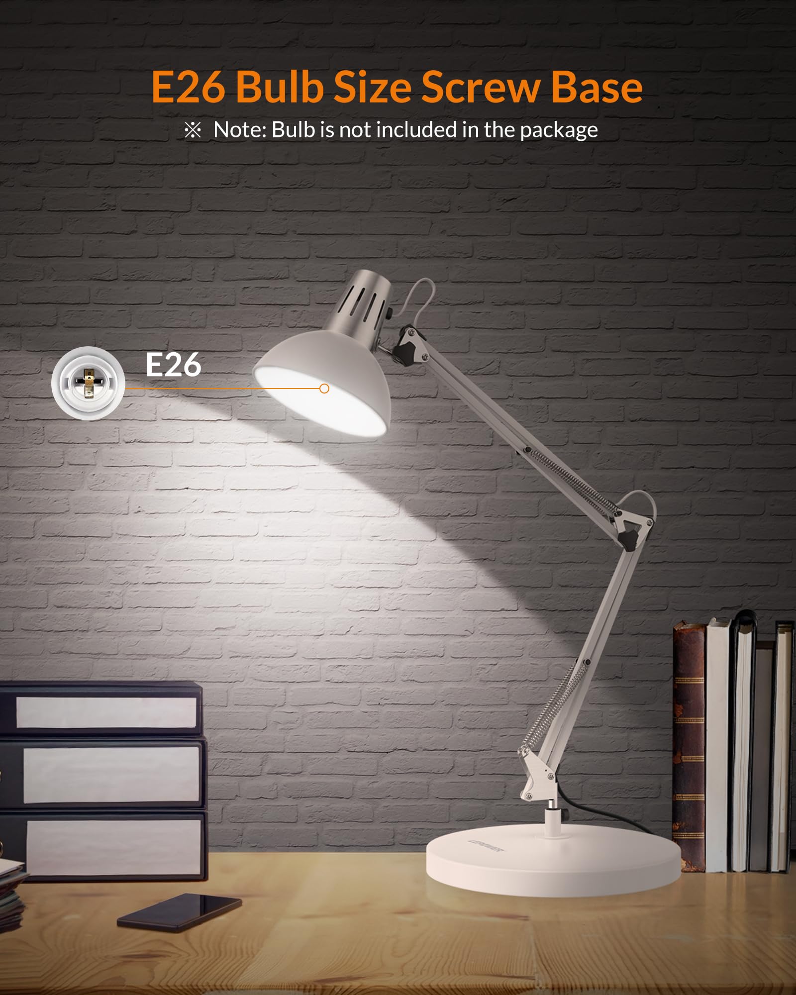 LEPOWER Metal Desk Lamp, Adjustable Goose Neck, On/Off Switch, Clamp, White, Model UT2020