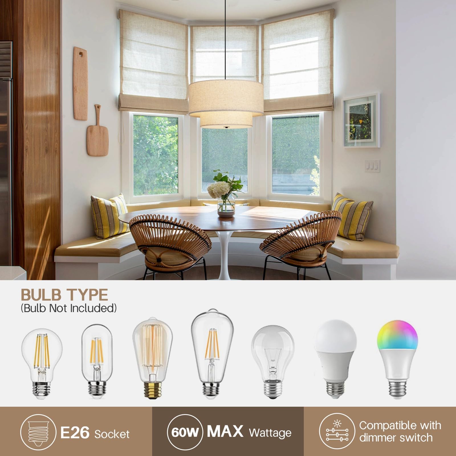 HILUXIA 18" Double Drum Fabric Pendant Light Chandelier - Taupe, Large Hanging Fixture for Dining Room, Living Room, Bedroom, Kitchen
