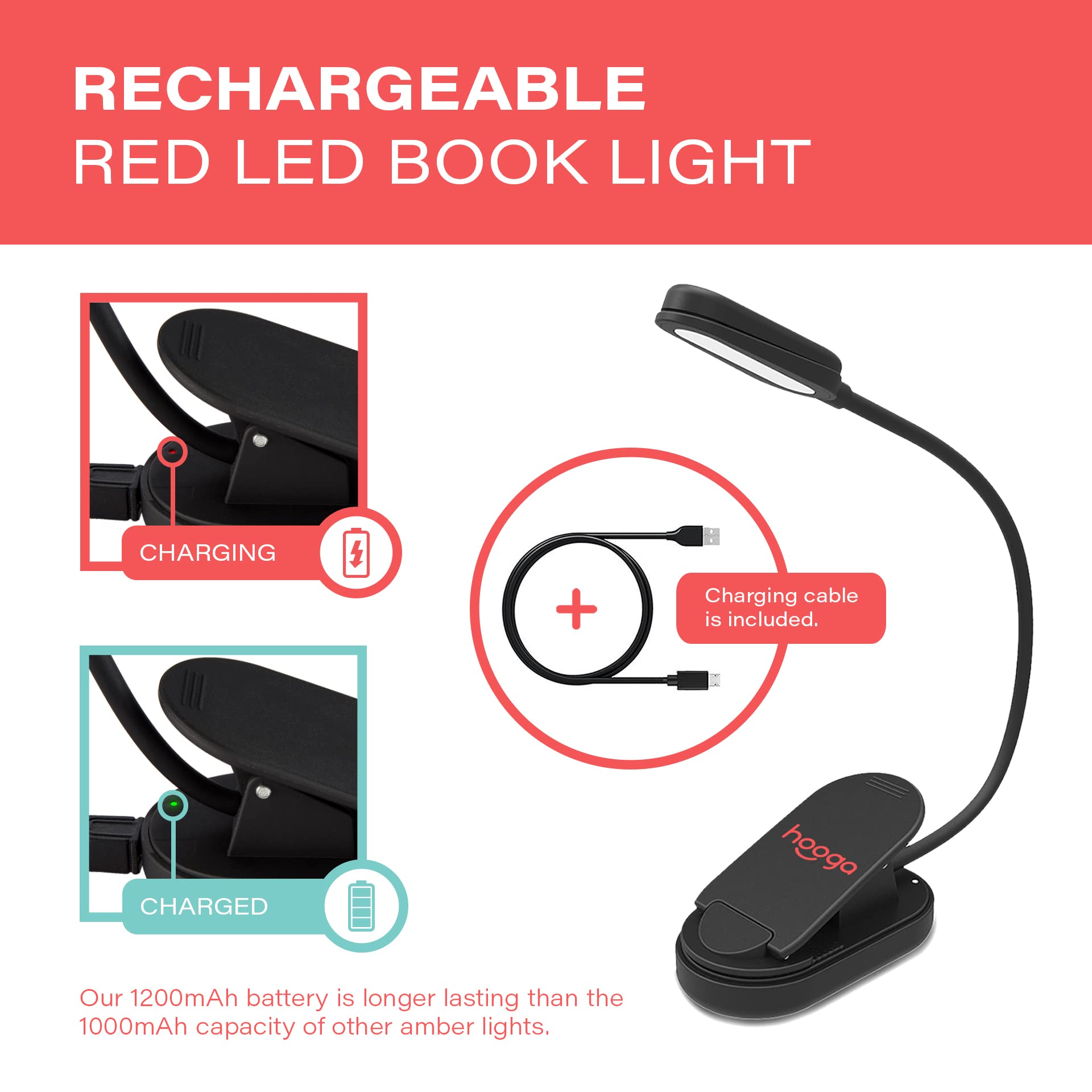 hooga Red Book Light - Rechargeable Clip On 625nm LED, Eye Care Light for Reading, Strain-Free, Perfect for Students & Travel