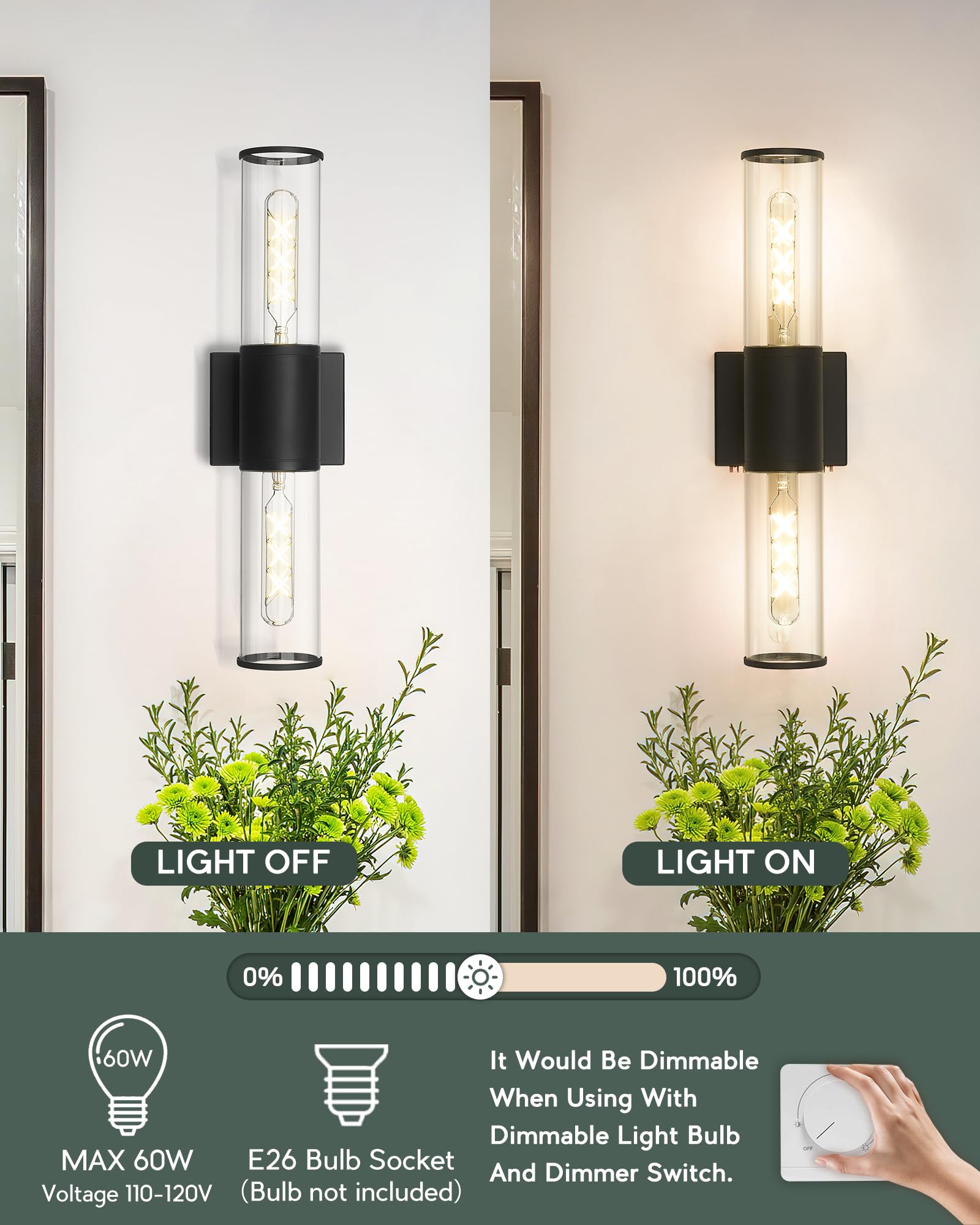 METWET Bathroom Vanity Light Fixtures, Matte Black Wall Lights in Clear Glass Indoor Wall Sconce, Modern Wall Light Up and Down