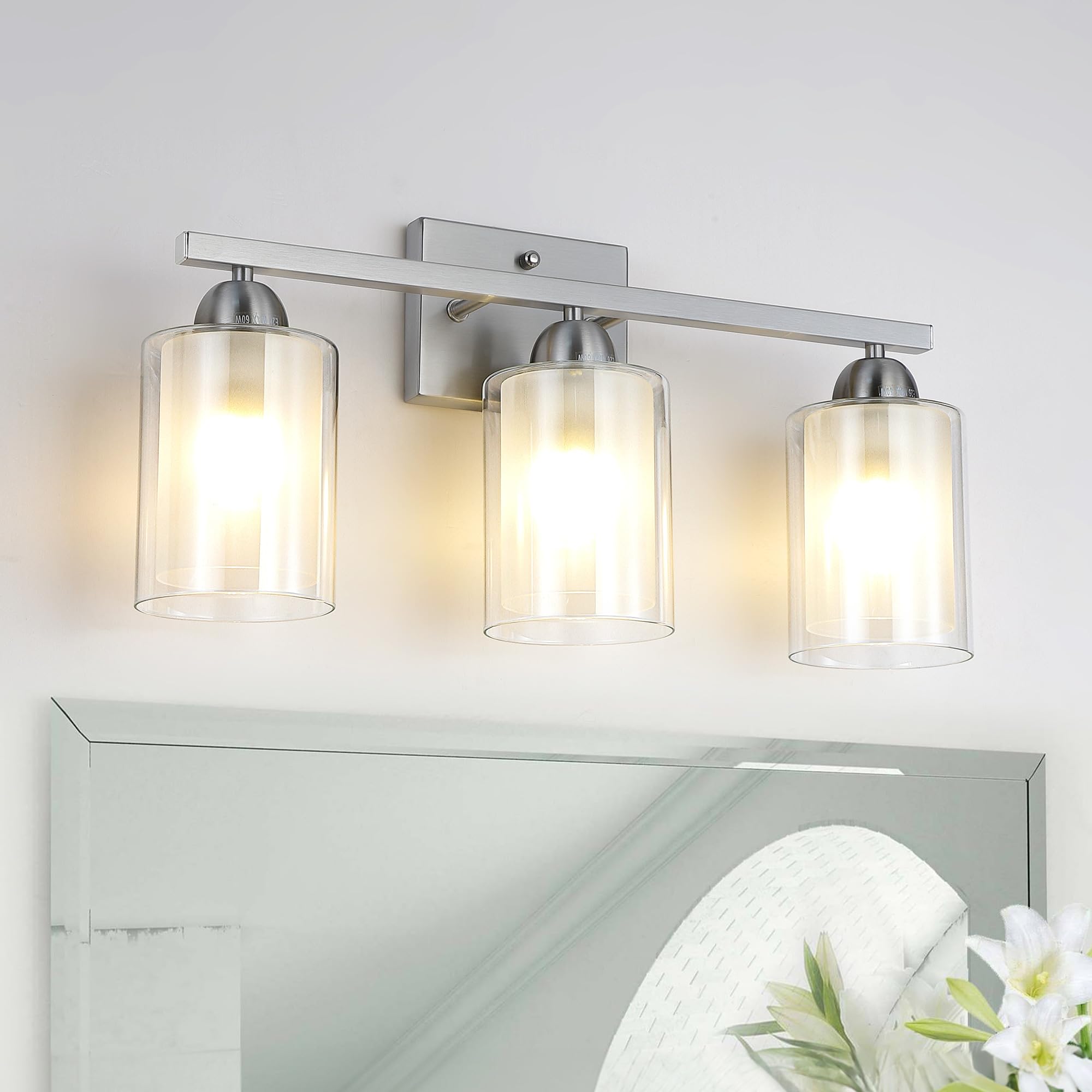 Mecgirn Stainless Steel Bathroom Vanity Light, 3 Light Brushed Nickel, Milk and Clear Glass Shades, Model B0007-3