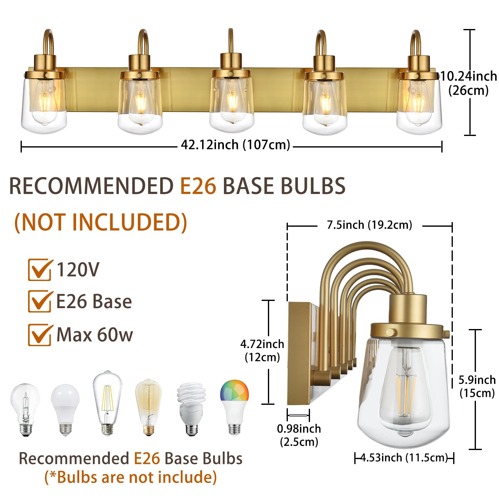 Yaohong 5-Light Bathroom Vanity Light Fixtures, Brushed Gold, Glass Shade, Model AT9064WL5-YB