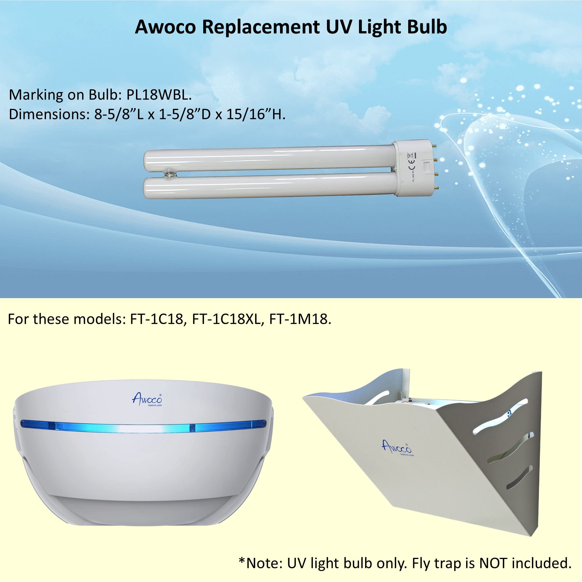 Awoco Replacement Pl 18W Bl Fluorescent Uv Light Bulb For Wall Mount Sticky Fly Trap Lamp Ft-1C18 And Ft-1M18 (18W)