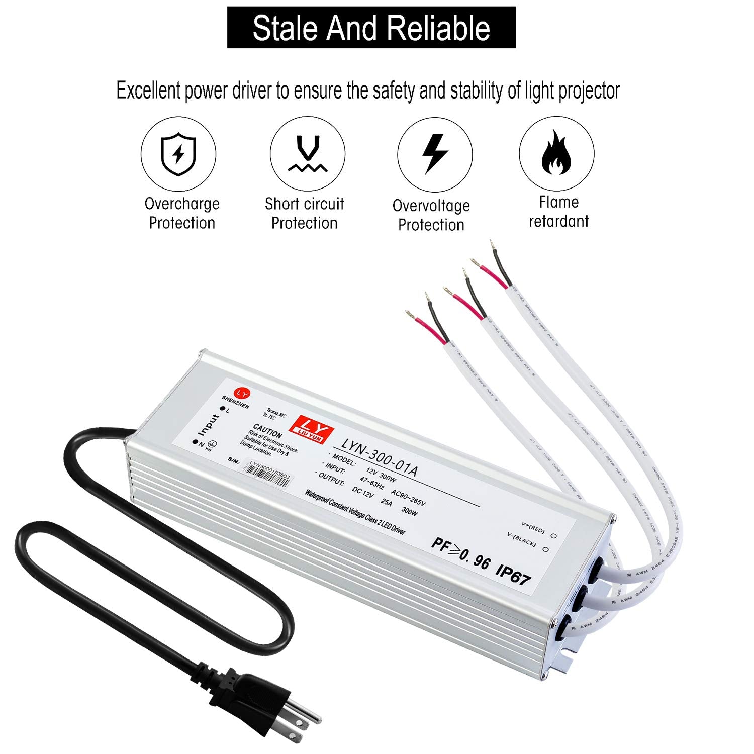 Led Driver 300 Watts (100W X3) 25A Waterproof Ip67 Power Transformer Adapter 90-265V Ac To 12V Dc Low Voltage Output, With 3-Pin