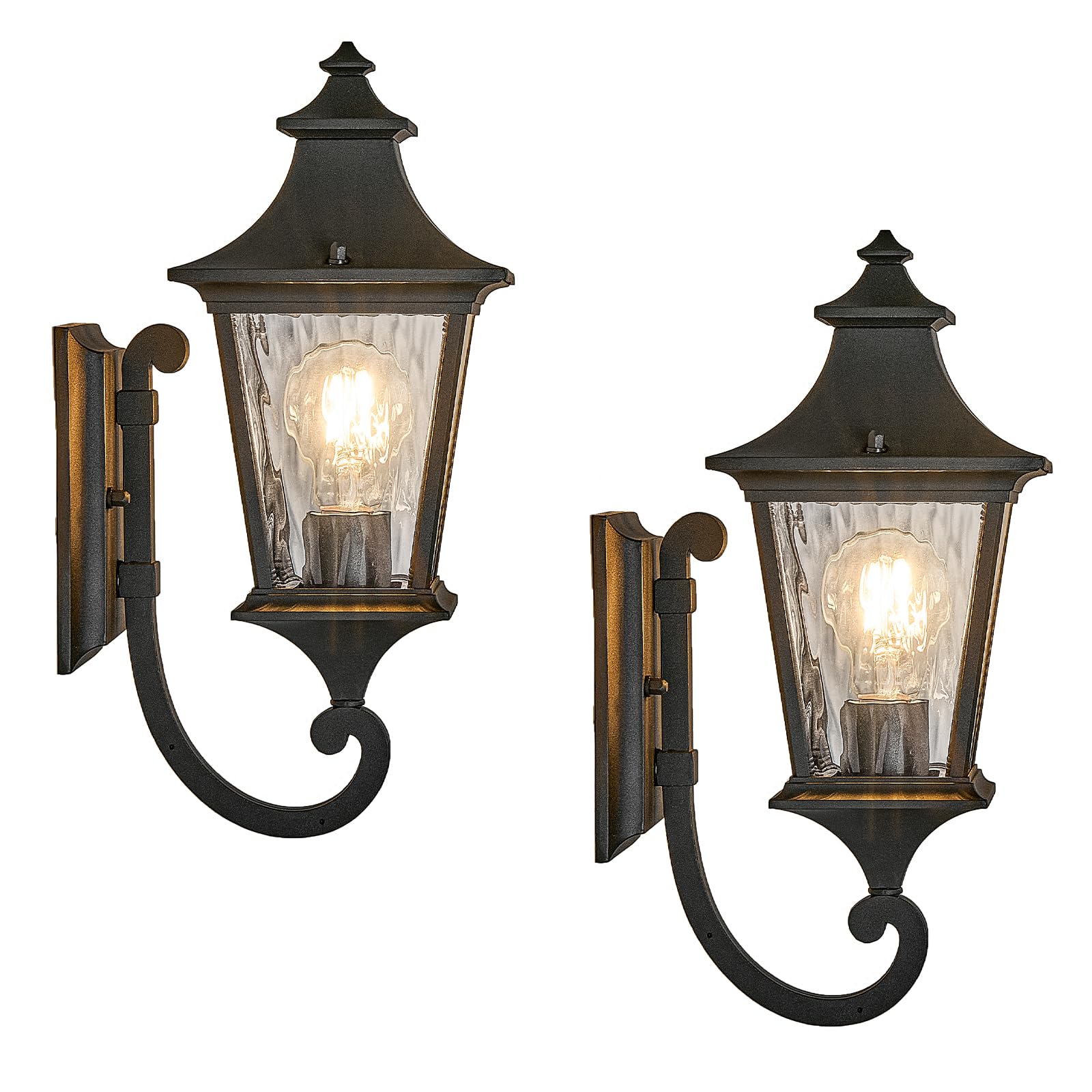 NAXTTII 2-Pack Porch Lights Outdoor Wall Lighting Fixtures with Water Ripple Glass Large Garage Outdoor Wall Lamp E26 Socket and