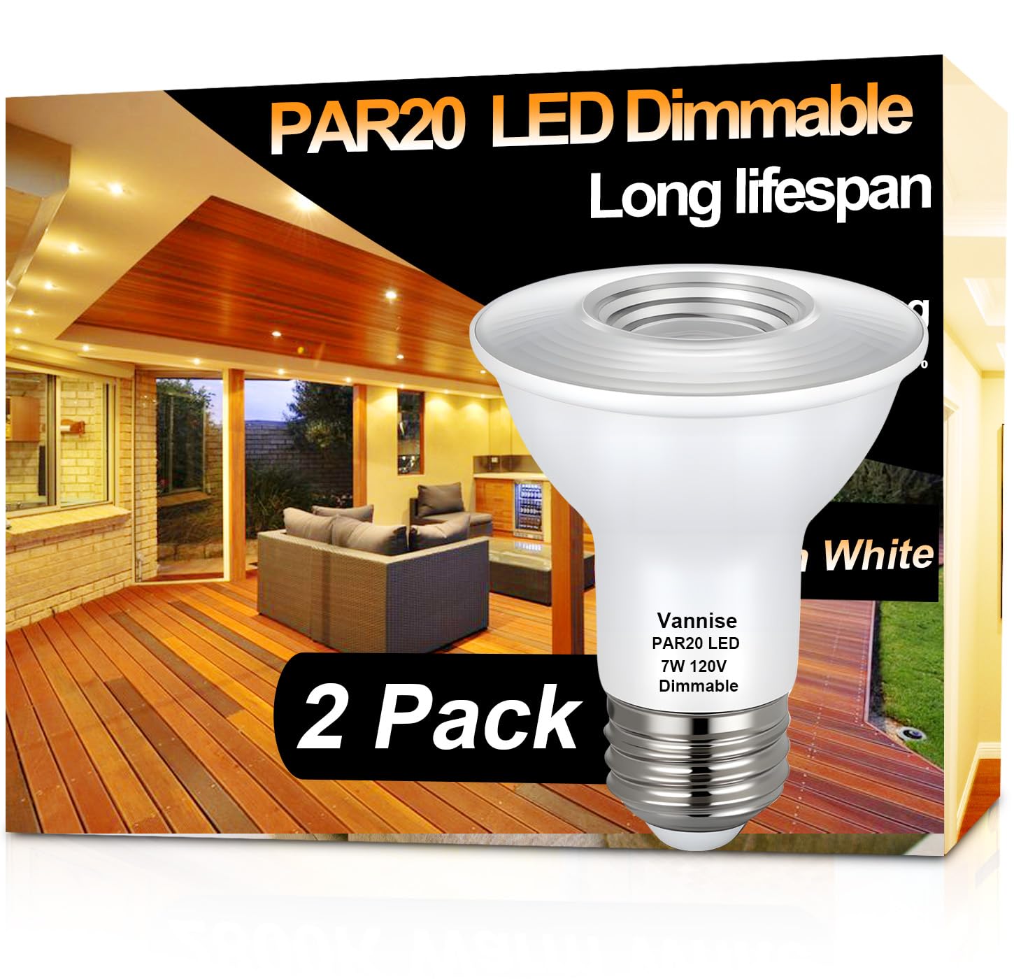 Vannise PAR20 LED Bulbs 3000K Warm White, 2PCS High Output 480LM LED PAR20 Flood Light Bulb 7W Equivalent 50W 120V, PAR 20 E26 B