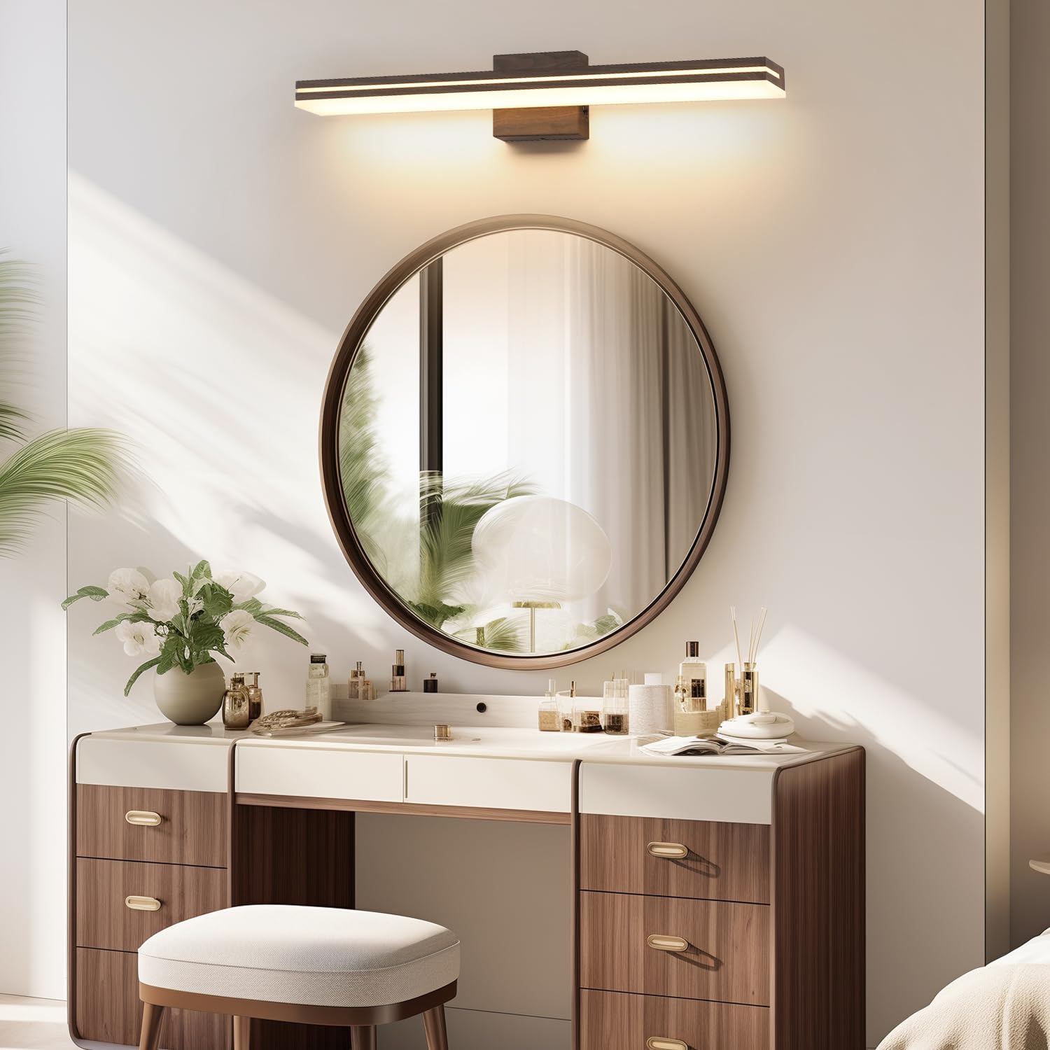 SineRise LED Bathroom Vanity Light Fixture, 32-Inch, Dimmable, Brown Wood & Acrylic, Model: af7ca732