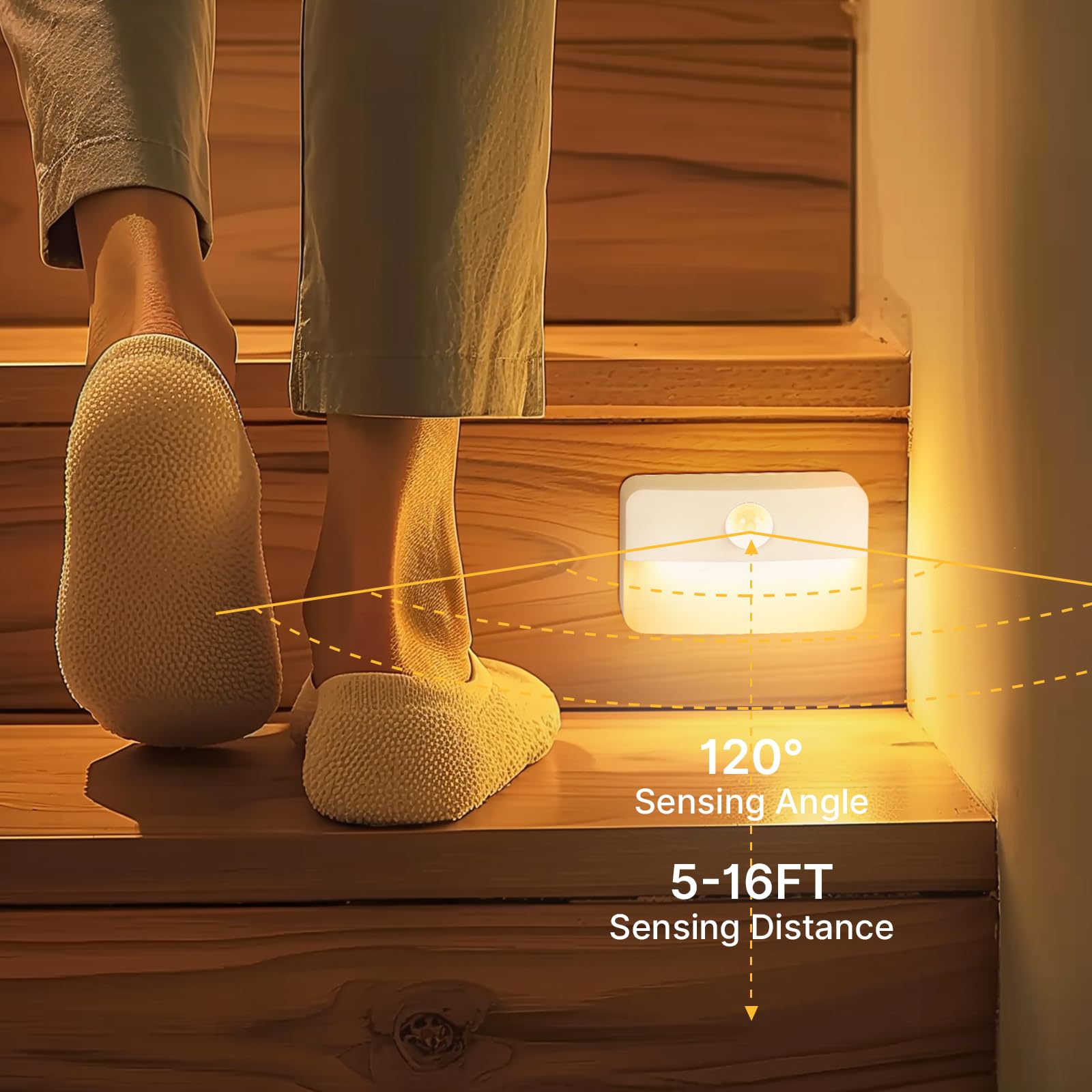 Guankai 16 Pack Motion Sensor LED Stair Lights, Battery Operated, Warm White, Plastic, Model 0003A5, Stick-On Night Lamps for Indoor Use