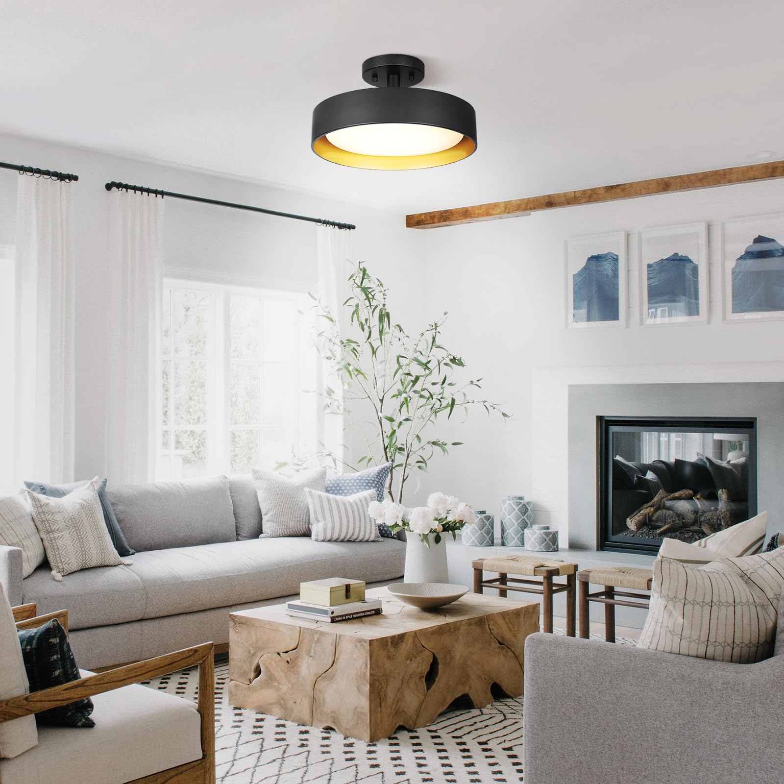 Sunrider Semi Flush Mount Ceiling Lights, 12 Inch 25W Led Ceiling Light Fixture Black For Hallway Kitchen, Gold Inside, 5000K Da