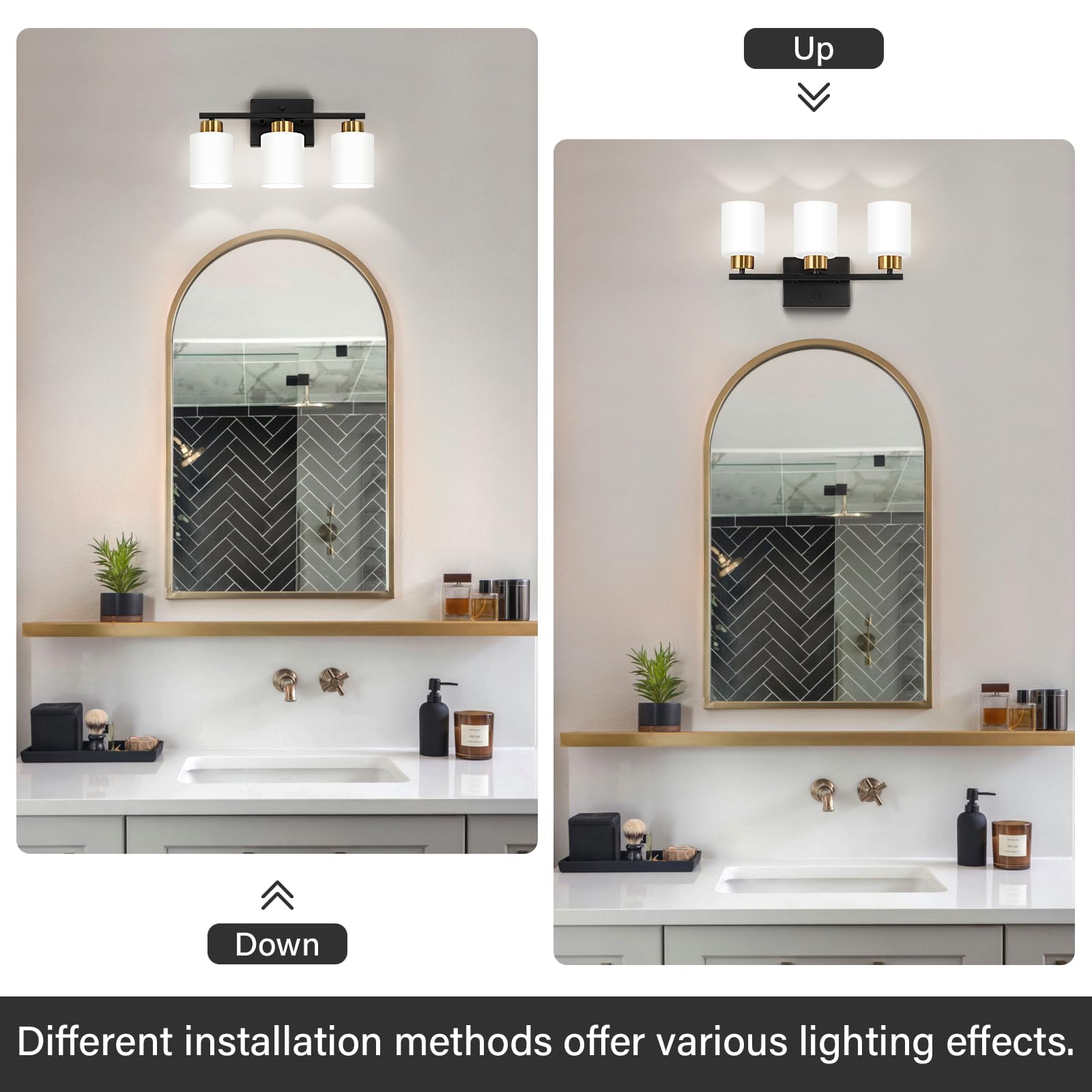 Fonmyim Black And Gold Bathroom Light Fixtures, 3-Light Modern Vanity Light Over Mirror, Wall Sconces With Milky White Frosted G