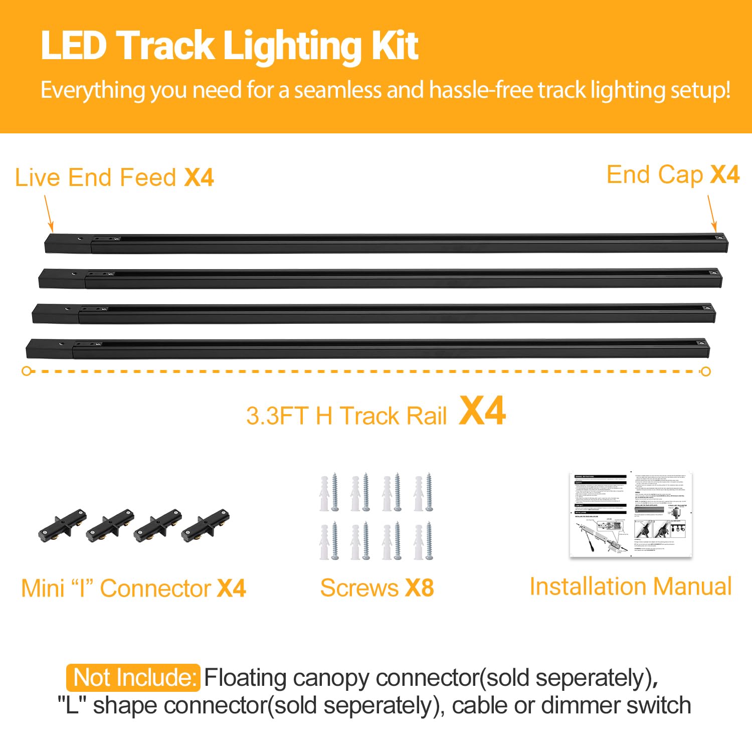 Vanoopee H Track Lighting Rails Kit, 13Ft H Type Track Rails Black With End Caps And Live End Feed Connector, Compatible With Si