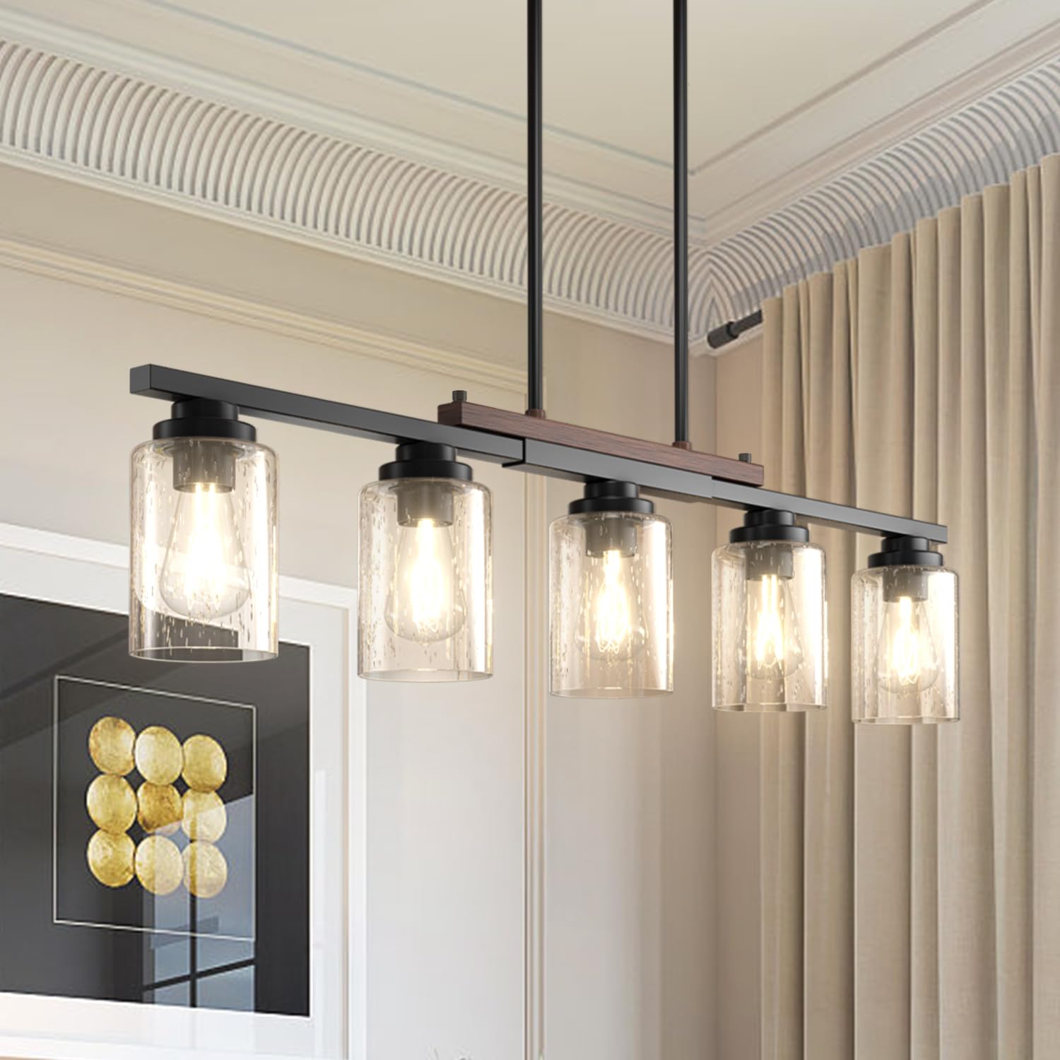Amico 5-Light Dining Room Chandelier, Black Metal & Wood, Seeded Glass Shade, Adjustable Rods, Model A0501