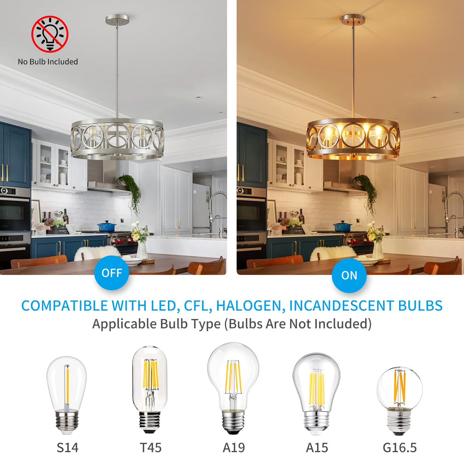 Xingqi 6-Light Modern Chandelier Brushed Nickel Farmhouse Dining Room Chandeliers, 21.7'' Drum Pendant Light Fixture Height Adjustable For Living Room Home Office