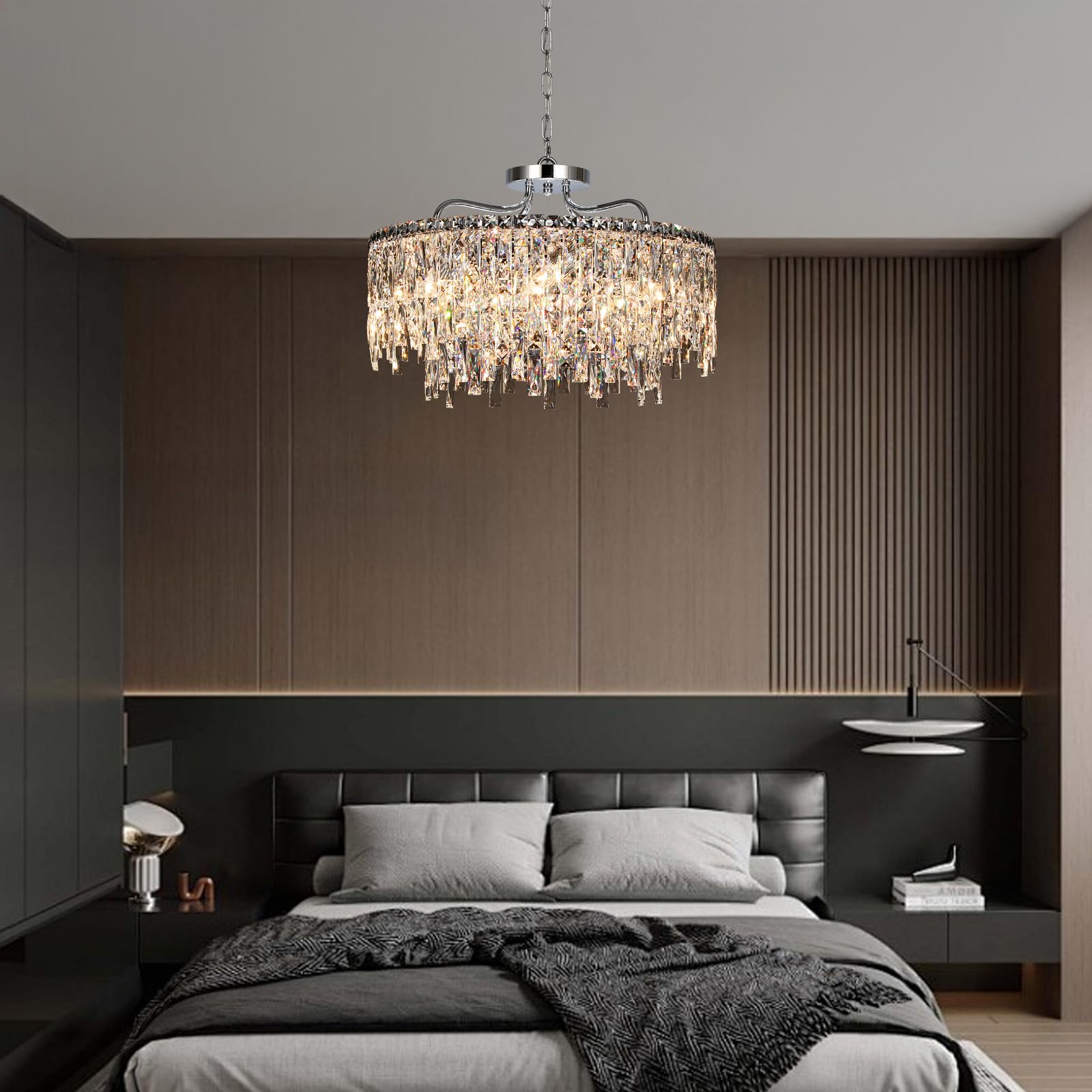 NISIDUN 24" Luxury Crystal Chandelier, 8-Light Chrome Pendant Lighting for Dining Room, Living Room, Bedroom, Model G60250312