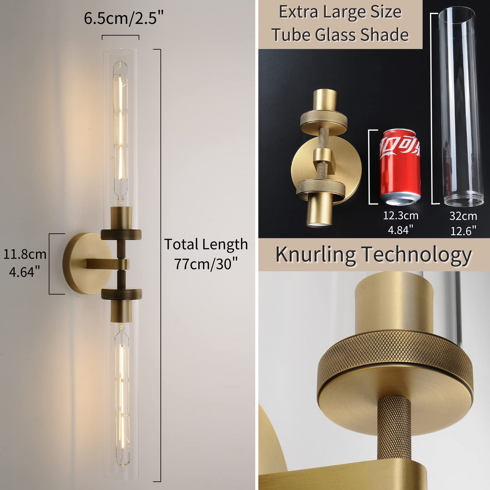 ZHTIECHUI Brass Gold 2-Light Wall Sconces, 30in Double Glass Bathroom Vanity Light, Model Gold-sconces
