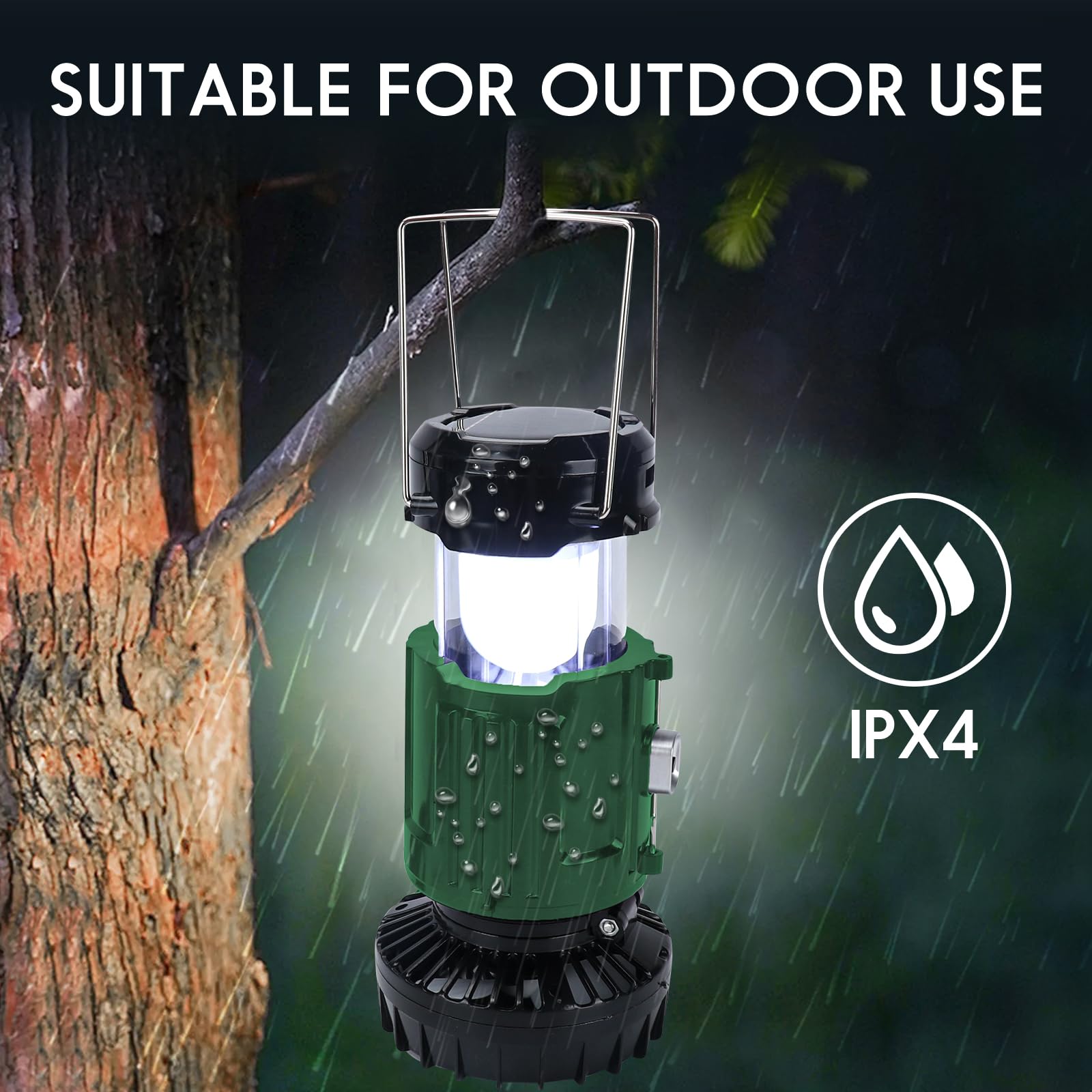 BUGPASS Solar Camping Lantern with Fan, Rechargeable, Battery Operated, Green, Model: Lanterns for Power Outages