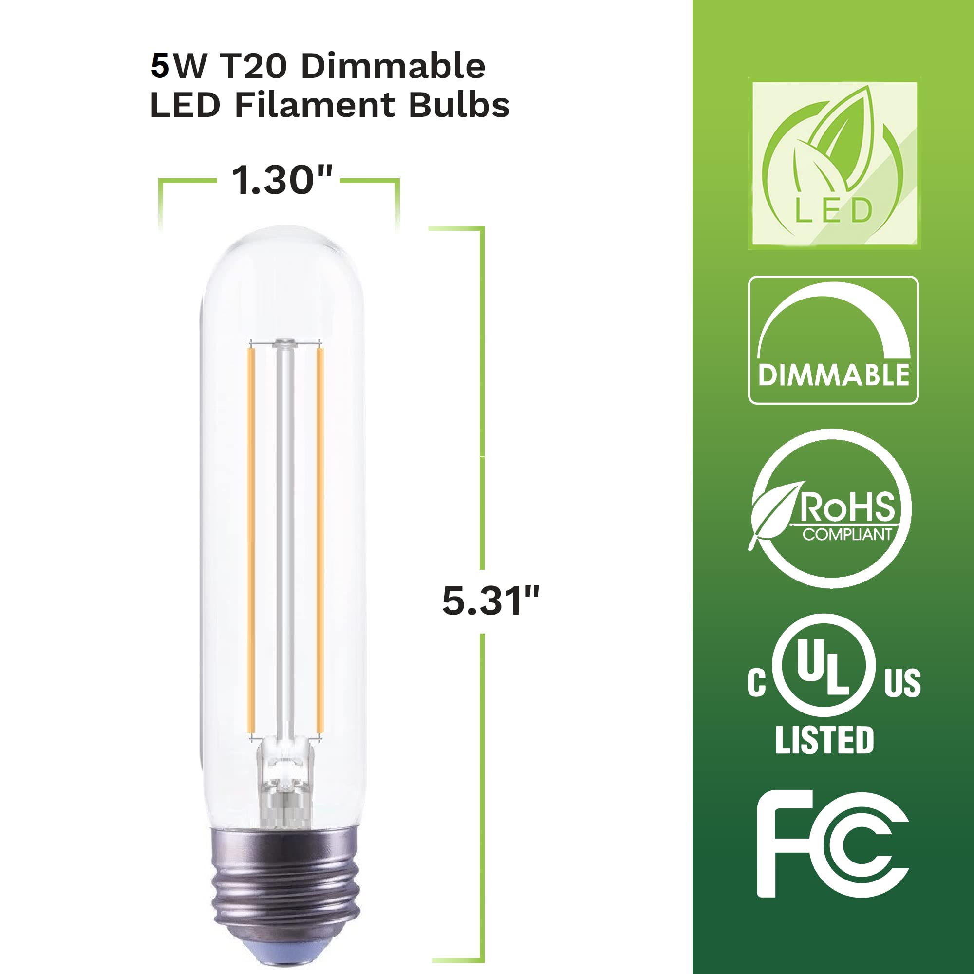 Bioluz Led T10 Filament Bulb 40W (5W) Soft White 3000K E26 Base 6-Pack Ul-Listed