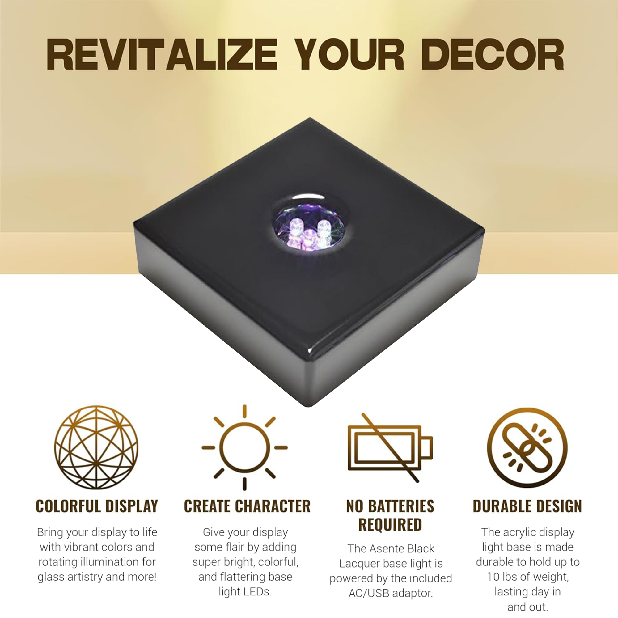 ASENTE LED Base Light Stand for Glass Art - Multi-color Changing, Satin Matte Black Wood, AC/USB Powered